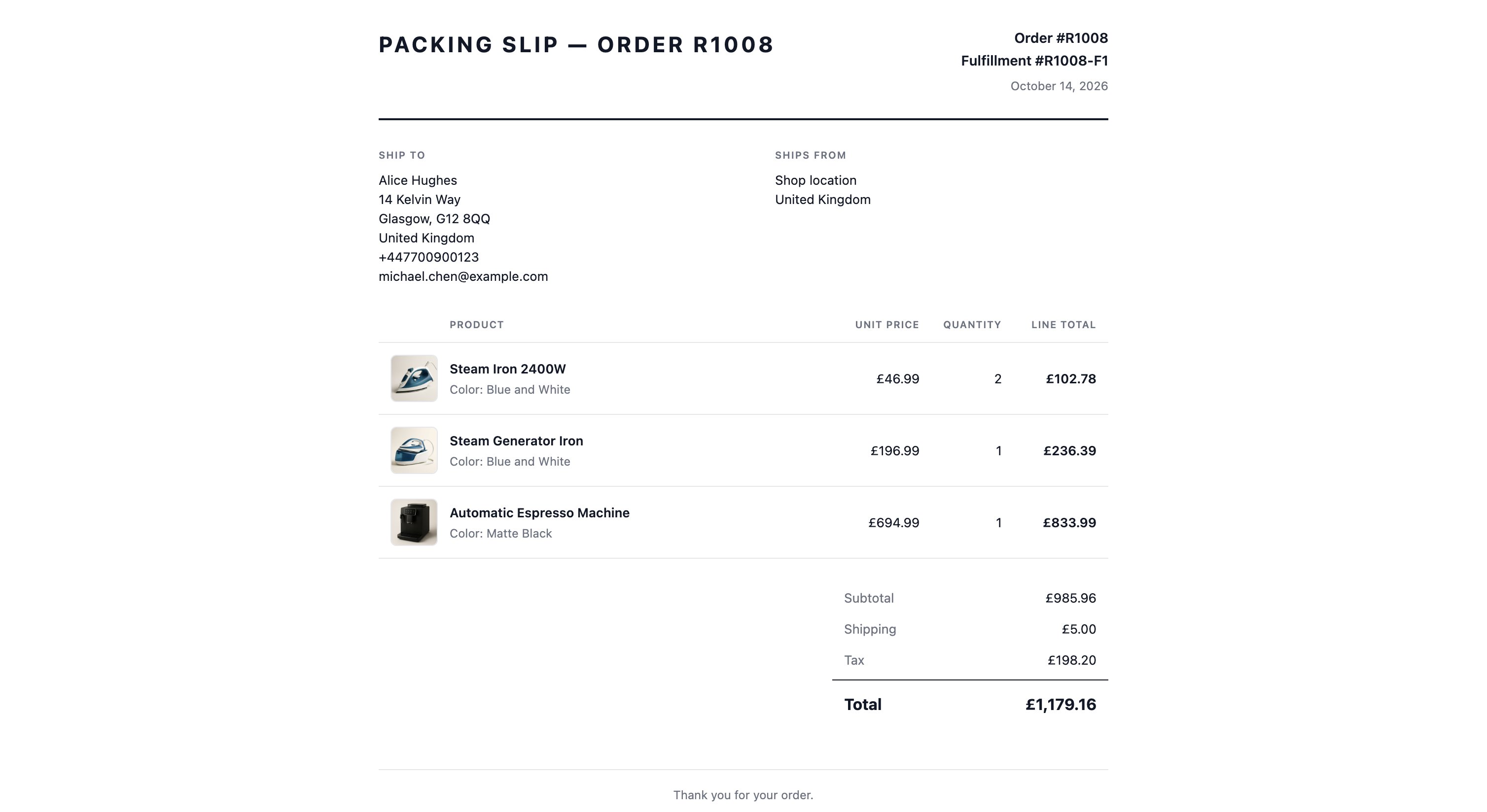 A packing slip, showing the ship-to address and the products to pack