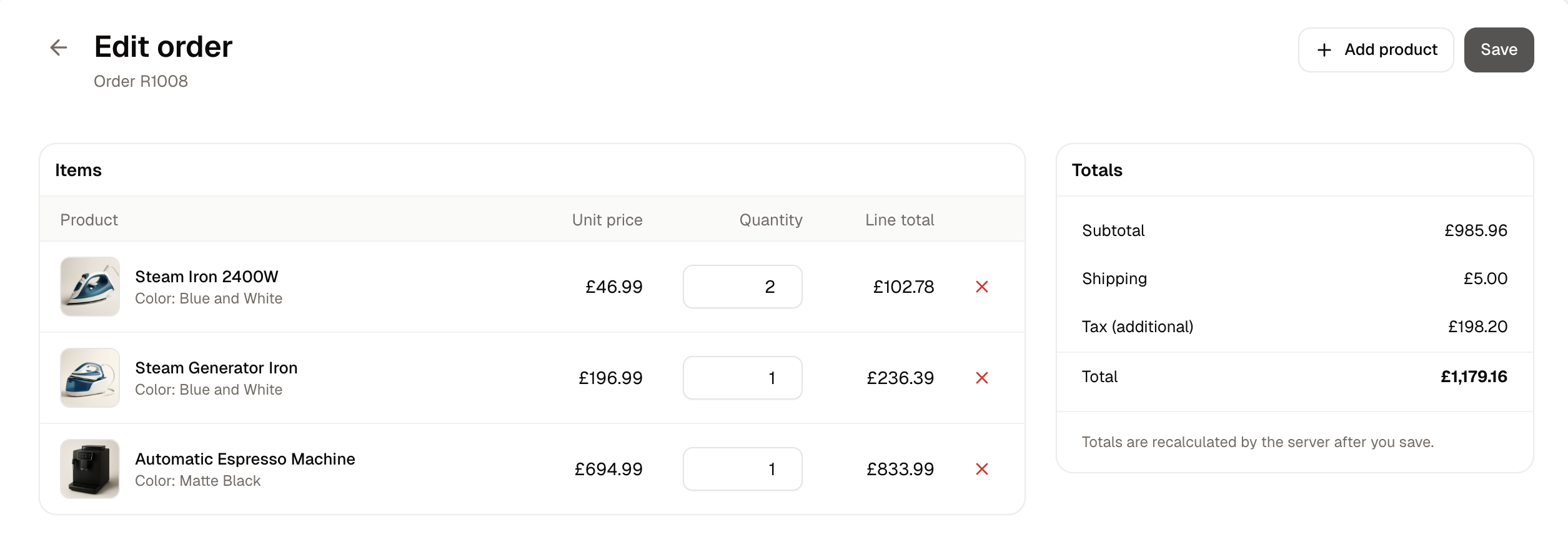 The order editor, with a unit price, quantity and line total for each product