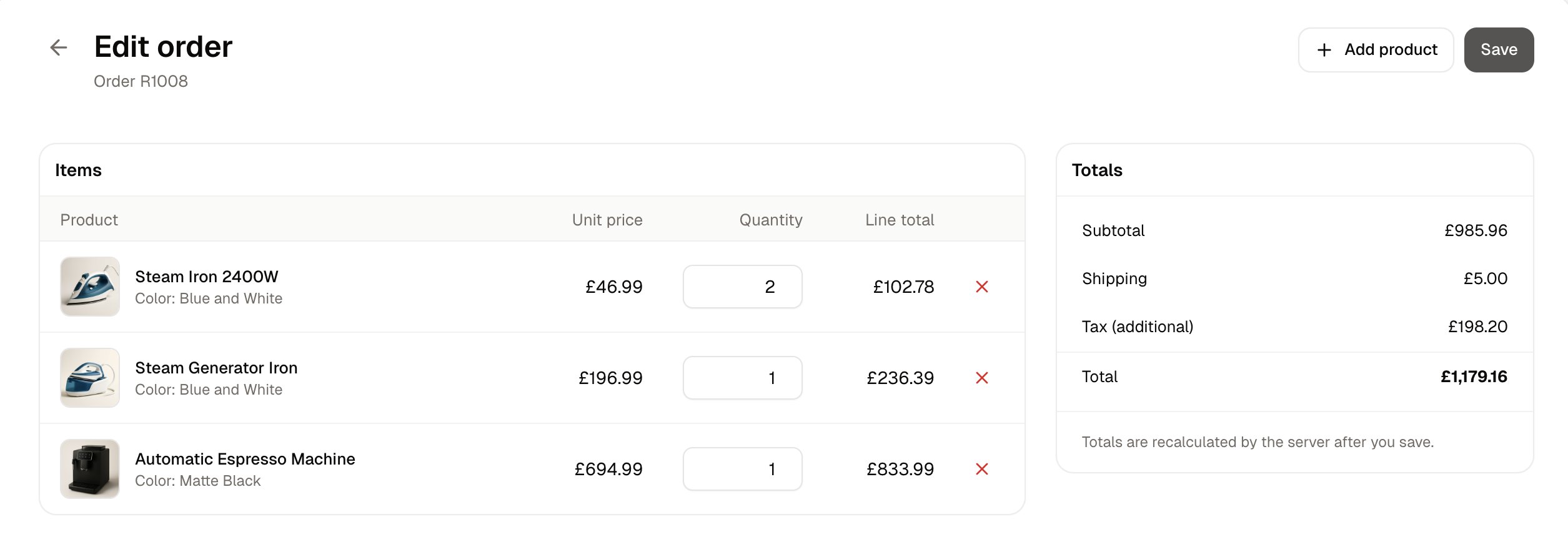 The order editor, with a unit price, quantity and line total for each product