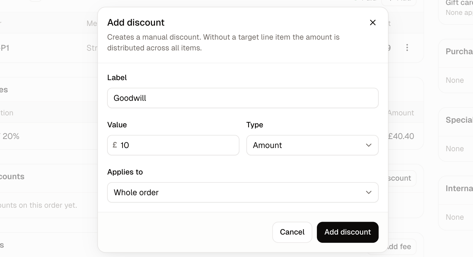 The Add discount form, with its label, value, type and target