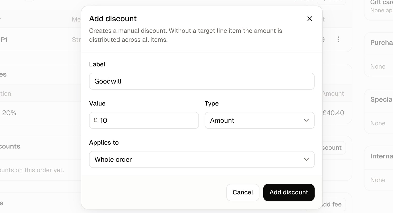 The Add discount form, with its label, value, type and target