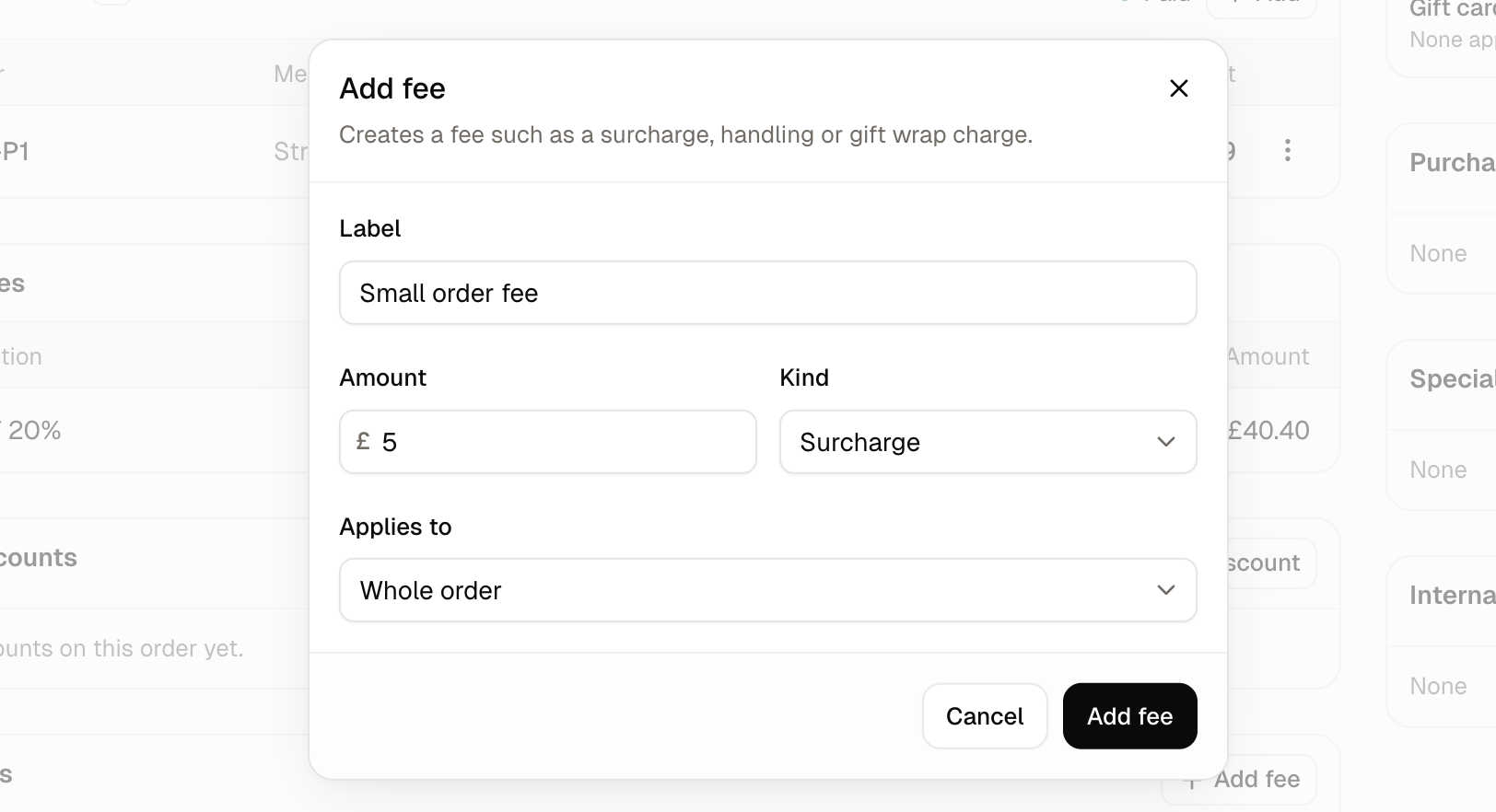 The Add fee form, with its label, amount, kind and target