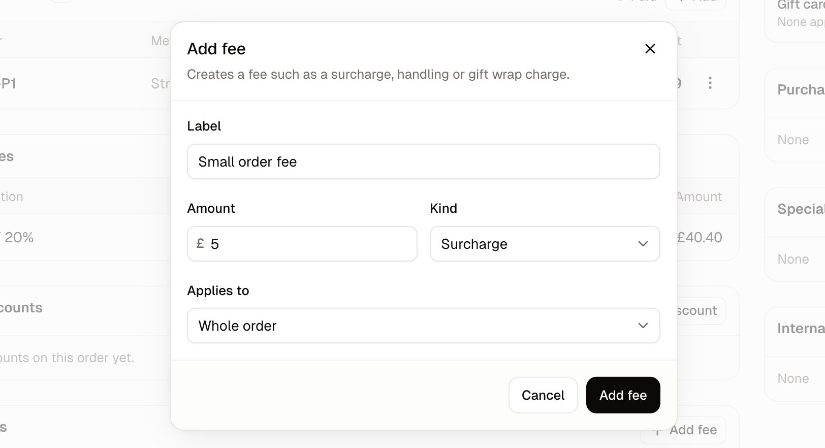 The Add fee form, with its label, amount, kind and target