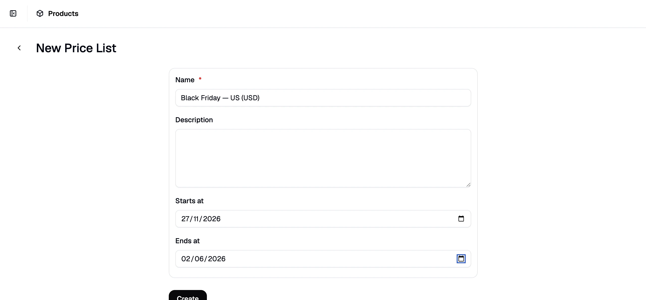 The New Price List form in Spree Commerce