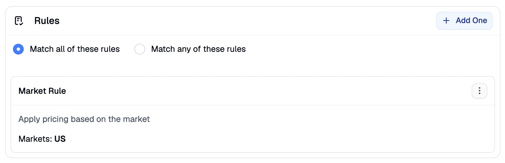 The price list editor showing a Market rule targeting United States