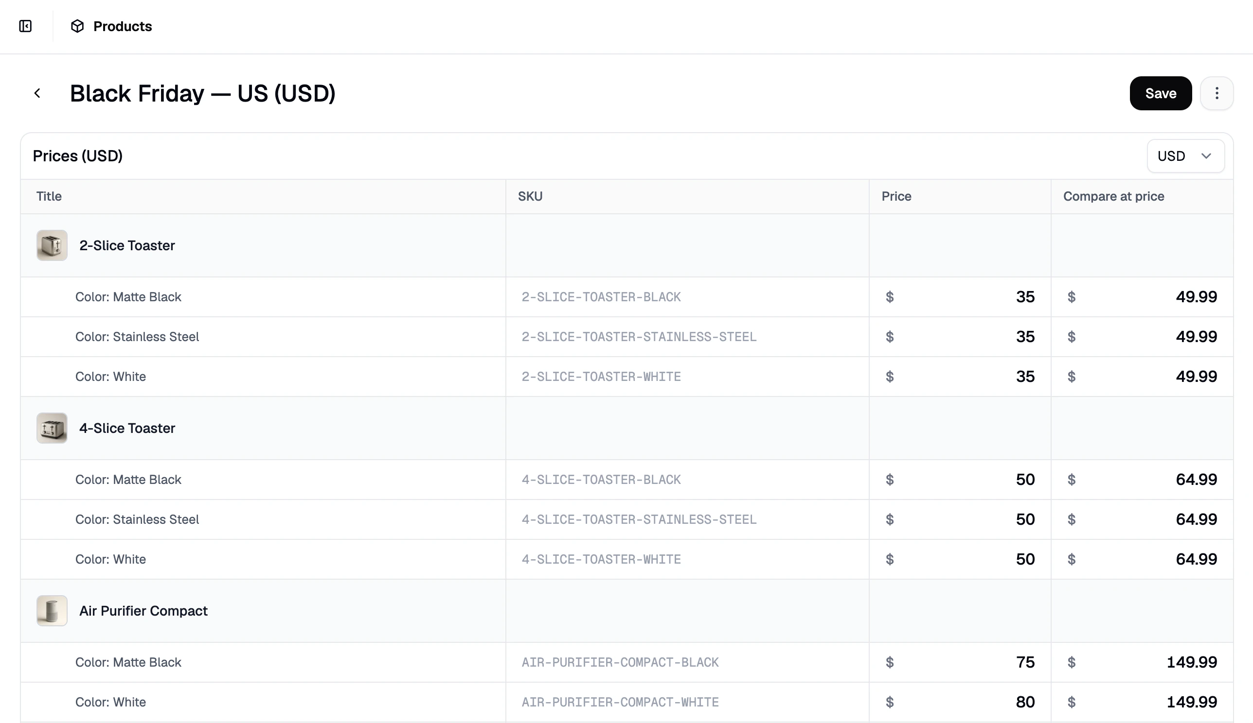 The price editor showing discounted USD sale prices for the Black Friday price list