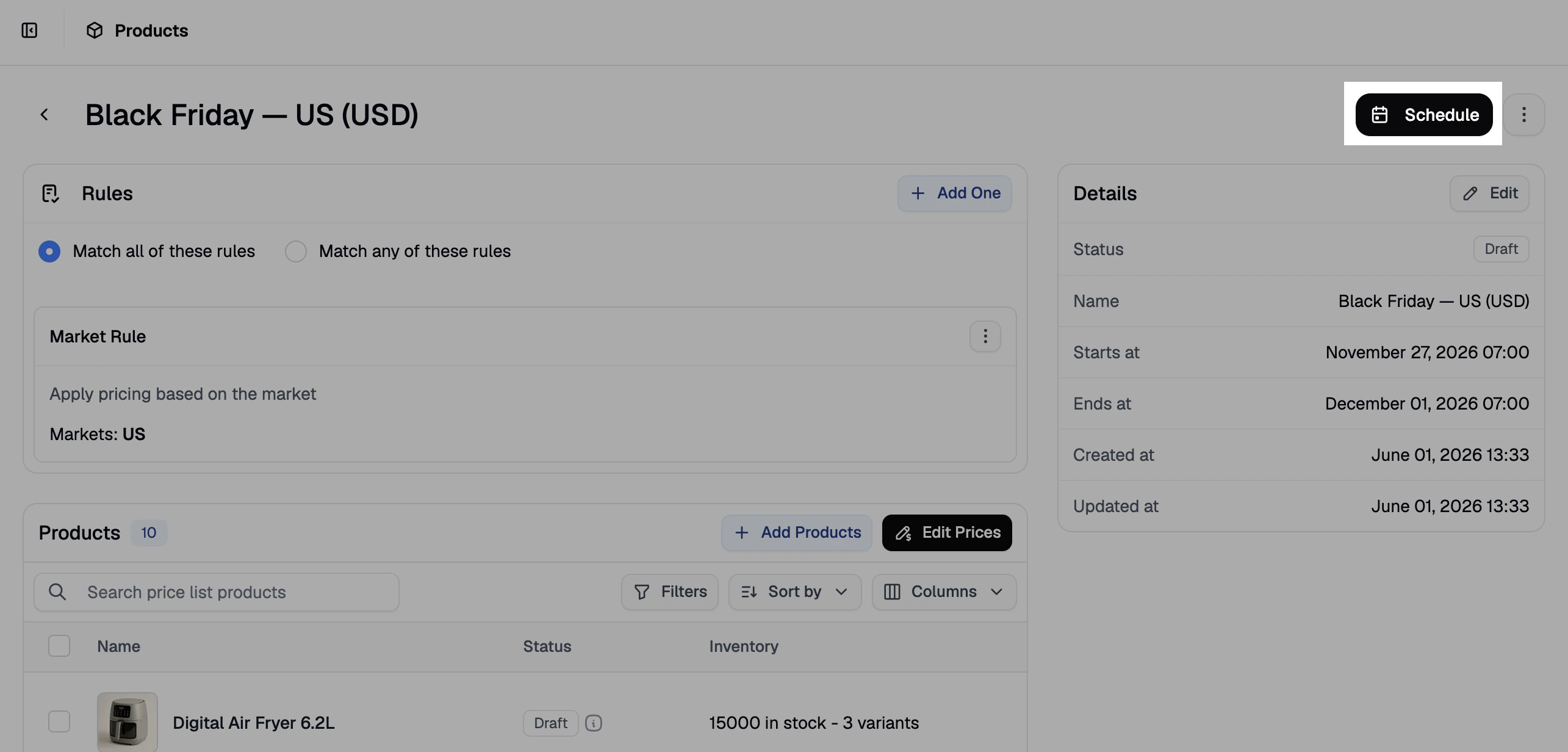 The price list editor with the Schedule button highlighted, showing the configured start and end dates
