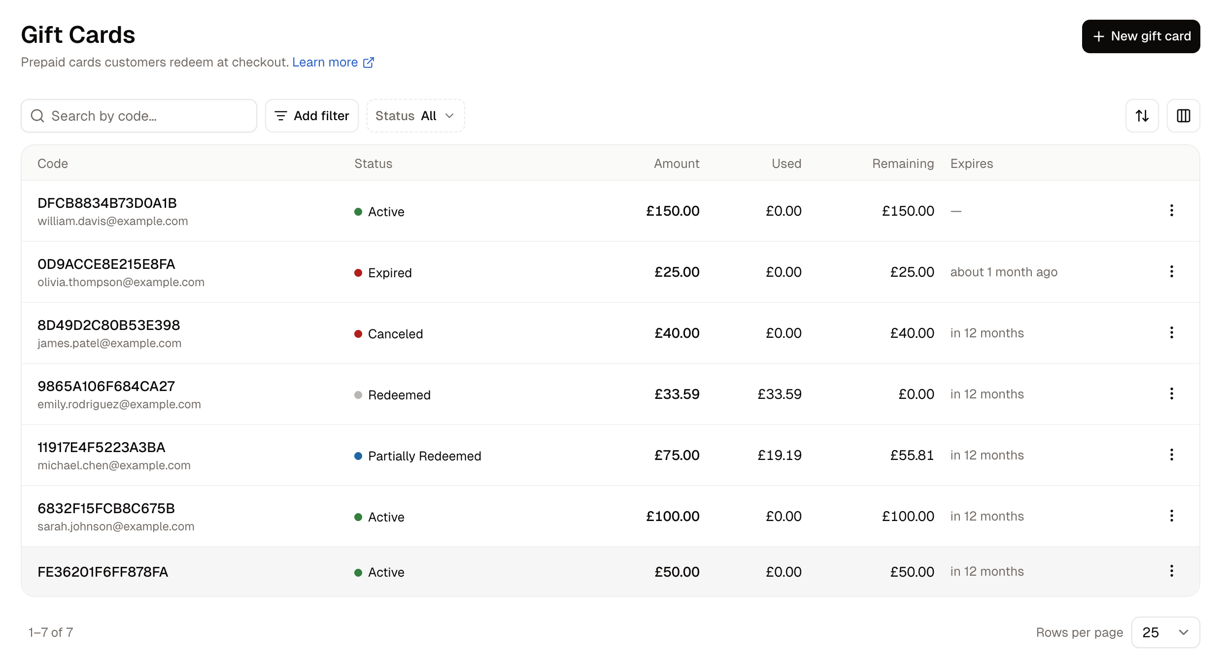 The Gift Cards list with one active card