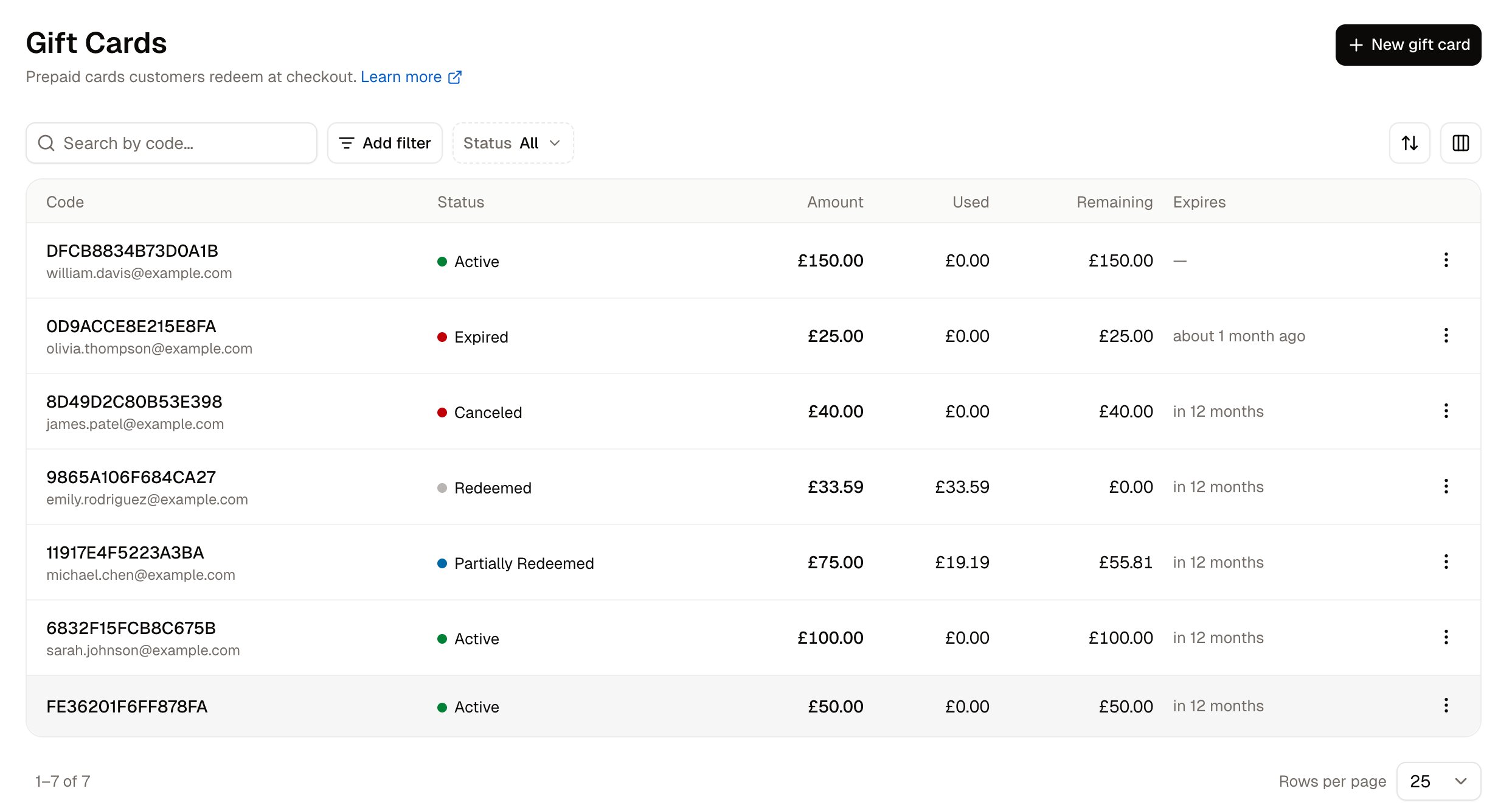 The Gift Cards list with one active card