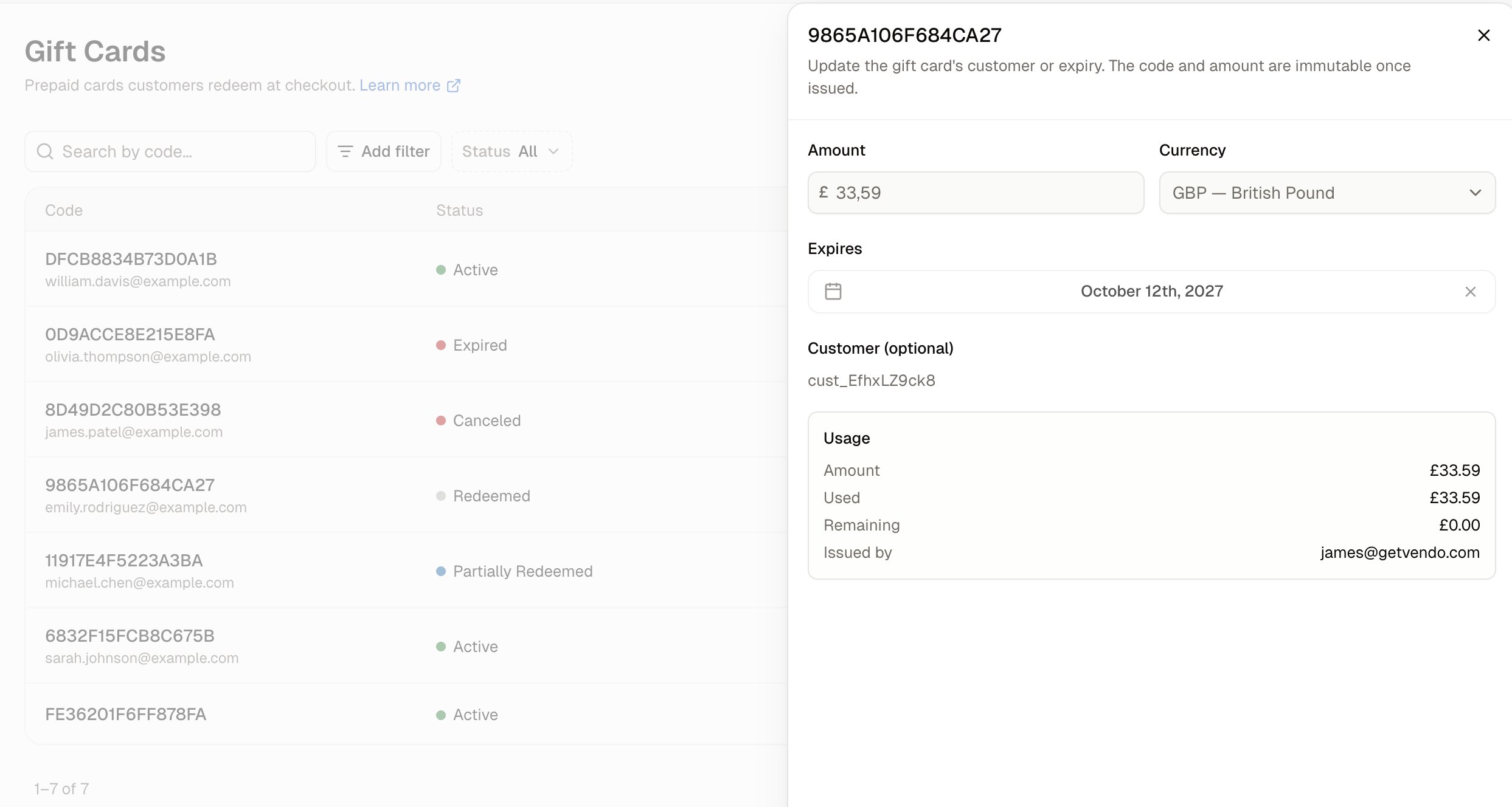 A gift card's panel showing its usage