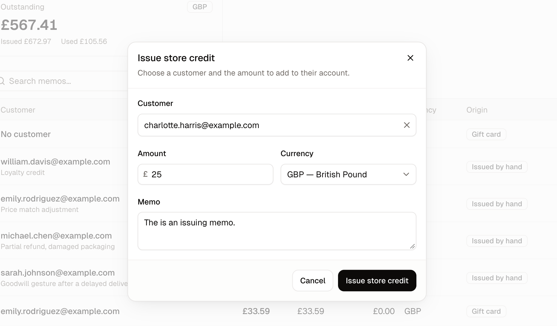The Issue store credit form filled in with an amount of 25 GBP and a memo
