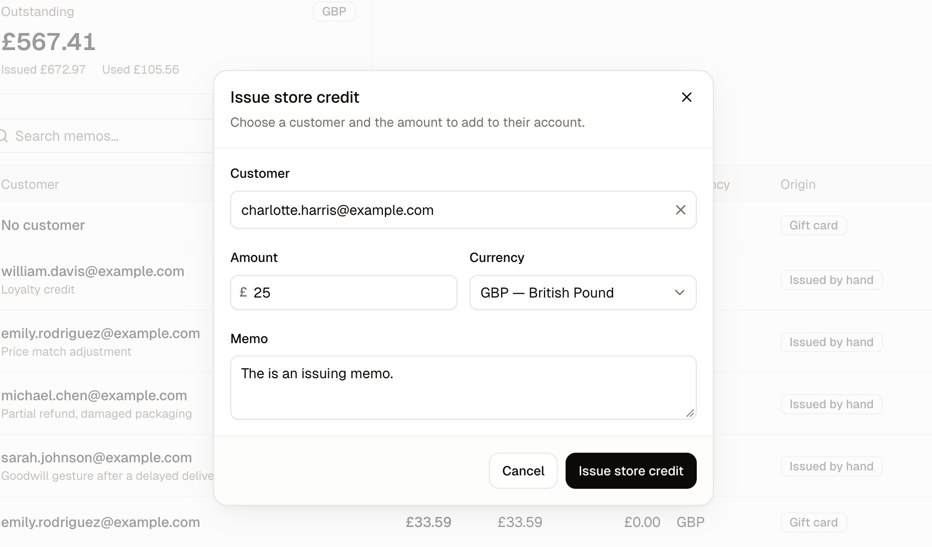 The Issue store credit form filled in with an amount of 25 GBP and a memo