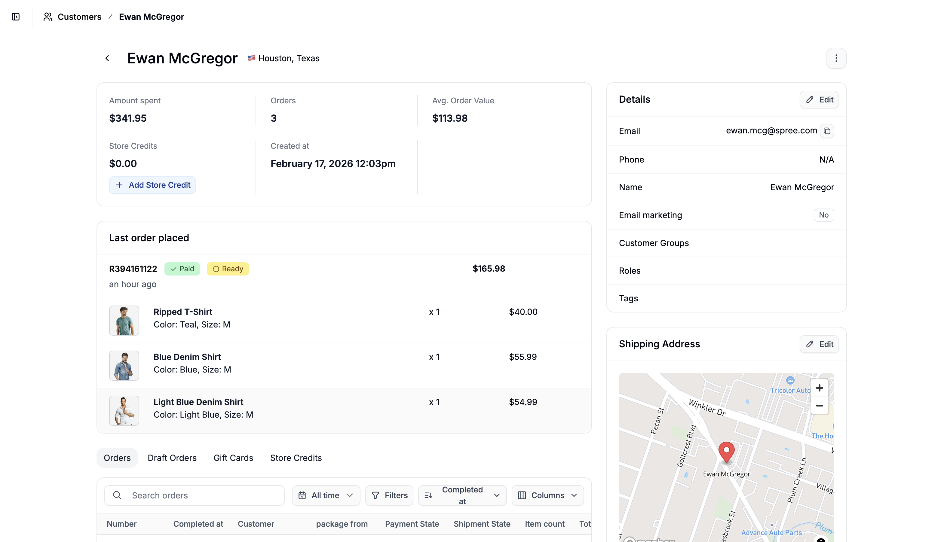 Customer profile page in the Spree admin backend