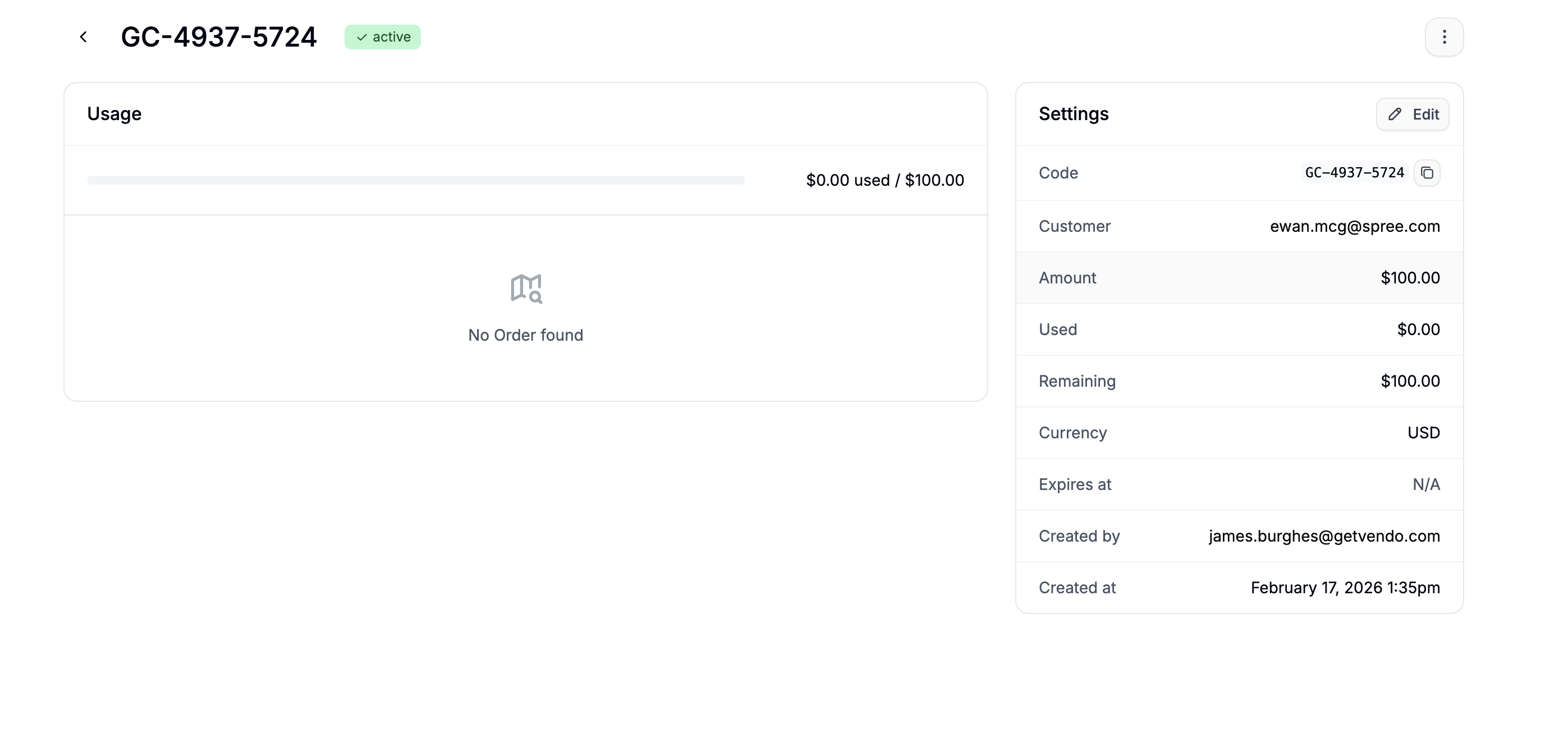 Editing a gift card in the Spree Commerce admin dashboard