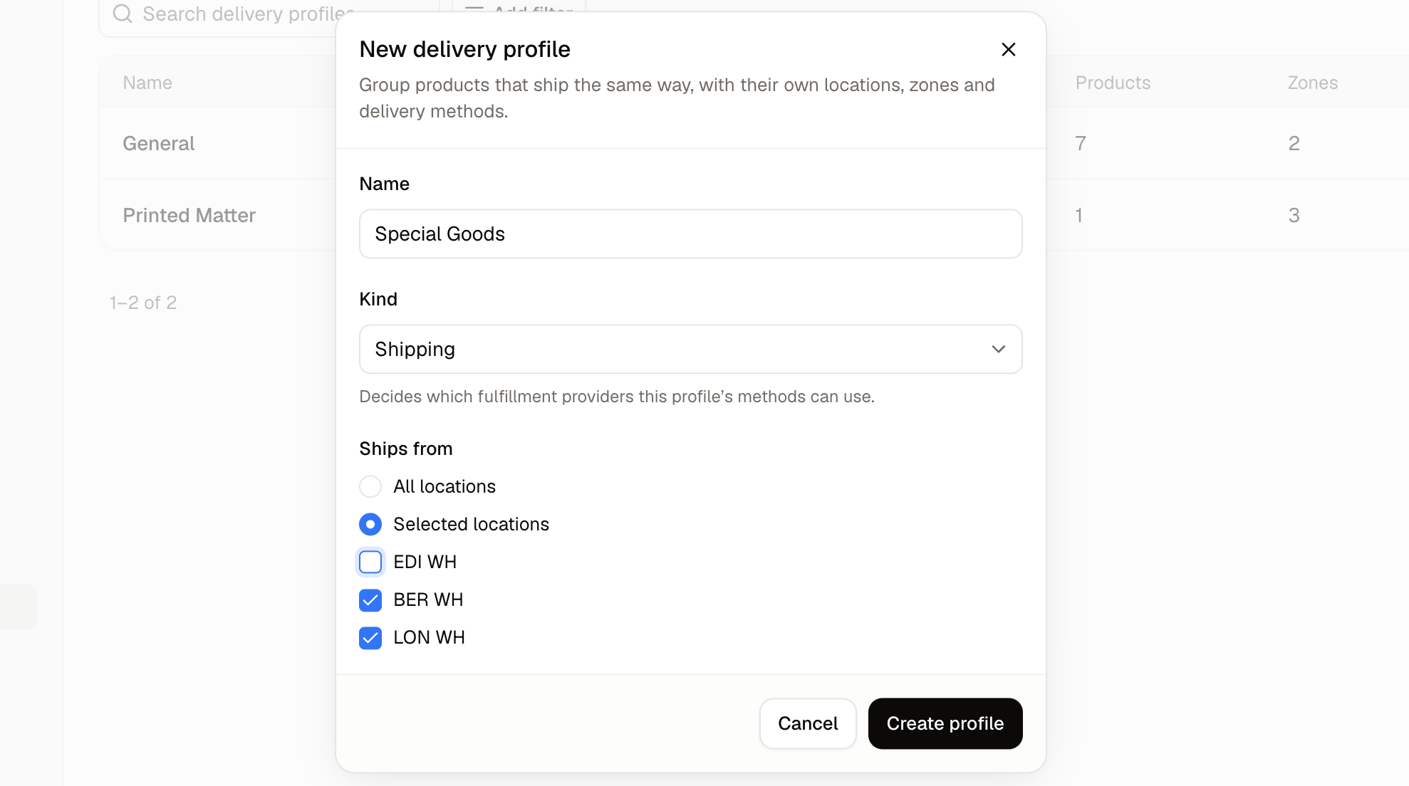 The new delivery profile form, with name, kind and origin options