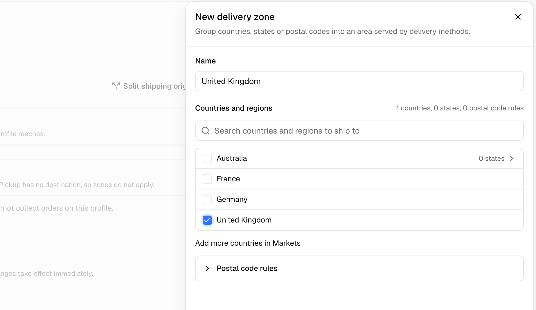 The zone editor, listing the countries a zone covers
