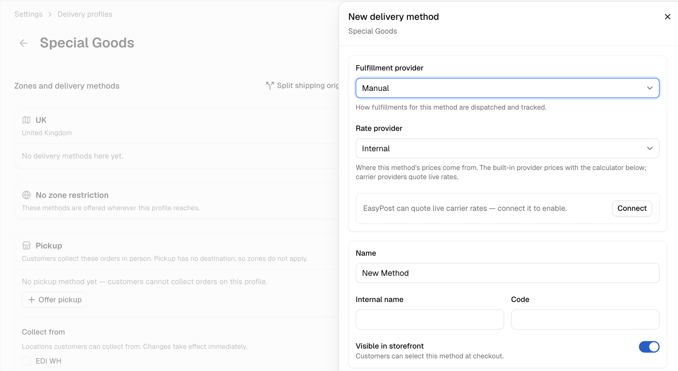 The new delivery method panel, showing providers, calculator and conditions