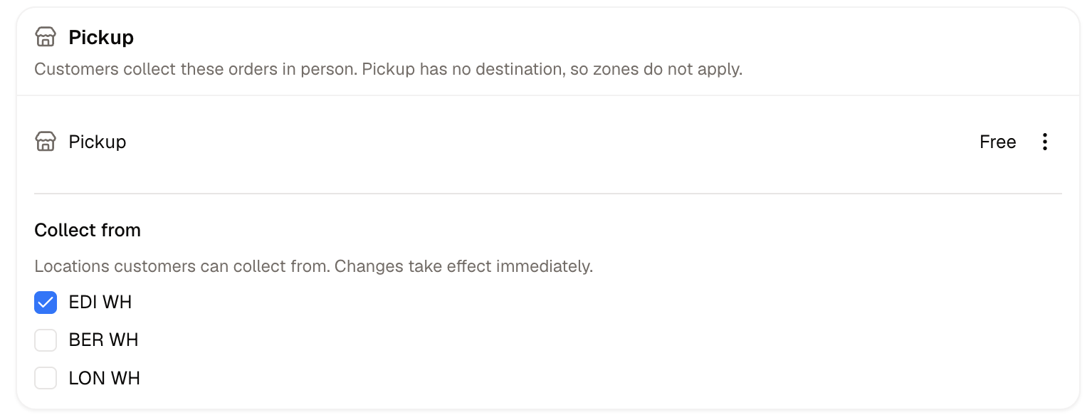 The Pickup section, with a method and the locations customers can collect from