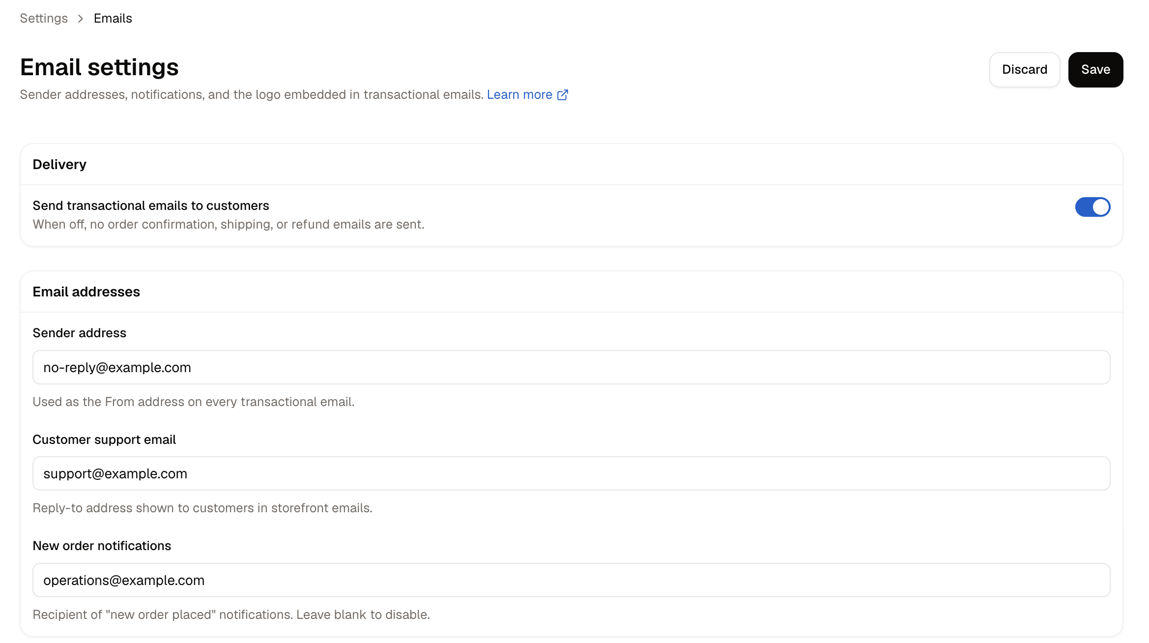 The Email settings page, showing the delivery switch, addresses and logo upload