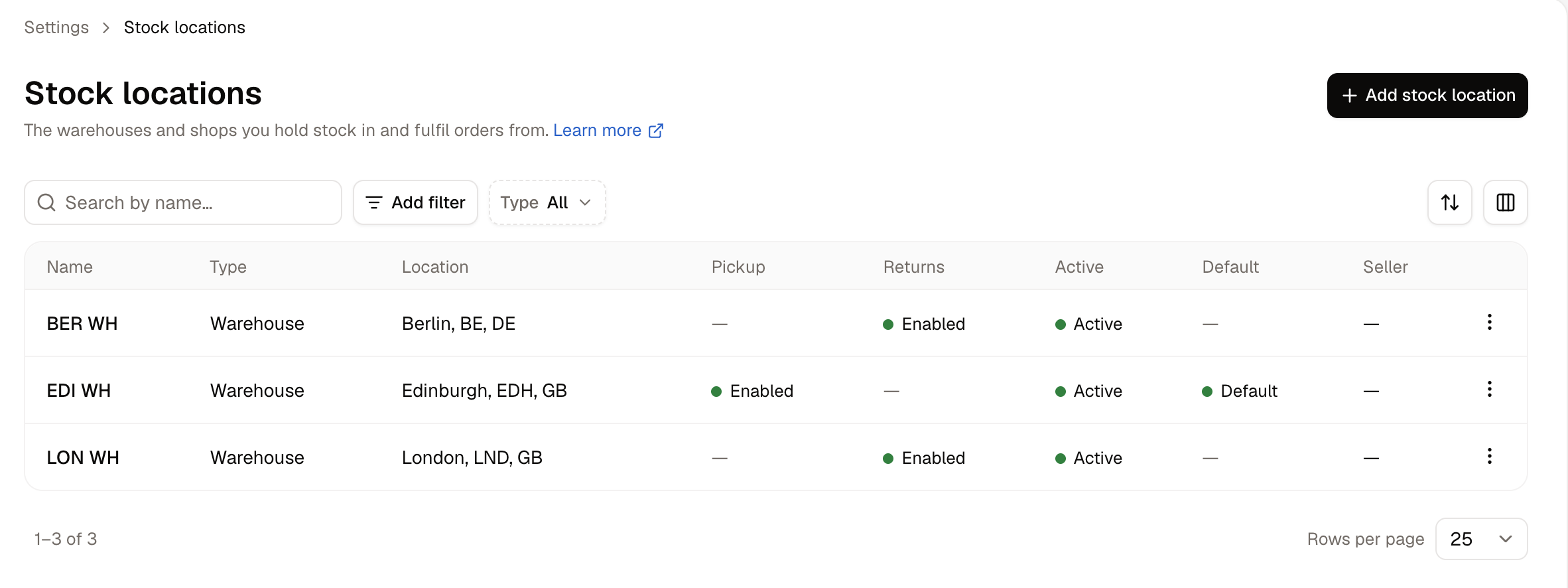 The Stock locations list, showing each location's type, address and whether it accepts pickup and returns