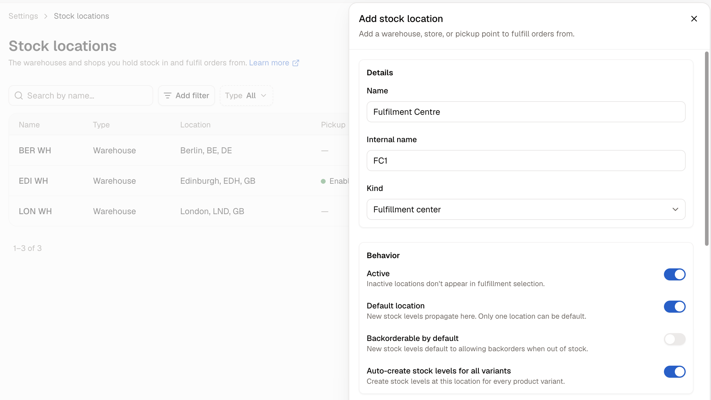 The Add stock location panel, showing the details, behaviour switches and address fields