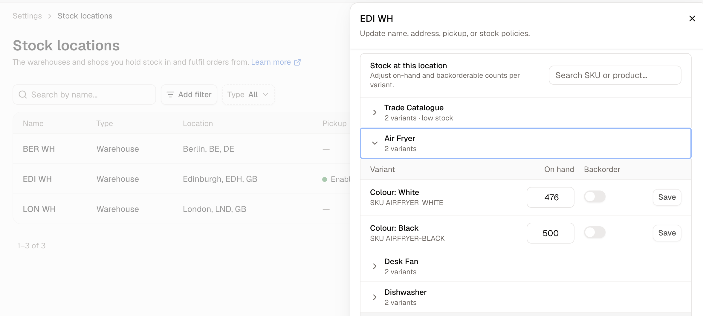 The Stock at this location panel, listing variants with their on-hand and backorder settings