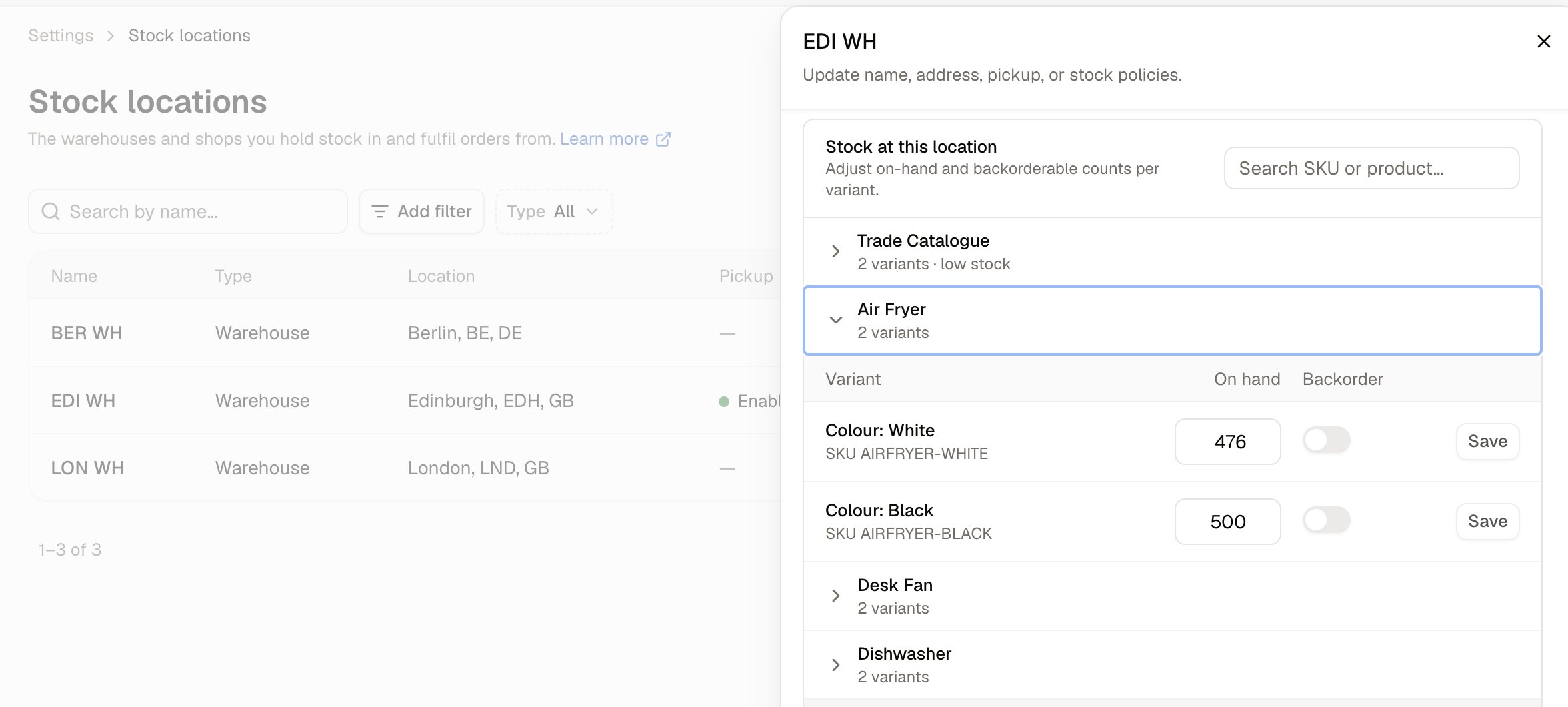 The Stock at this location panel, listing variants with their on-hand and backorder settings