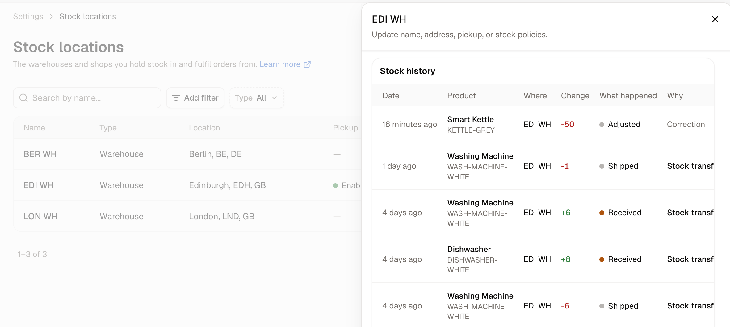 The Stock history panel, listing each movement with its cause