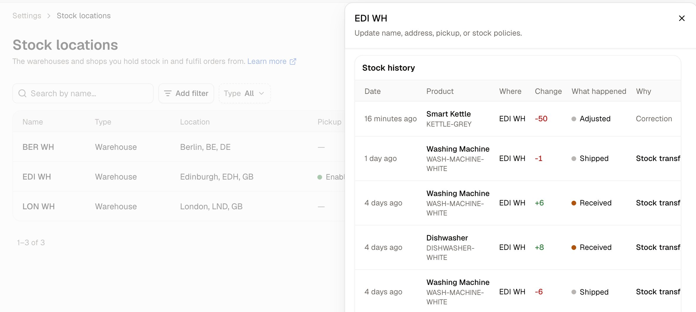 The Stock history panel, listing each movement with its cause