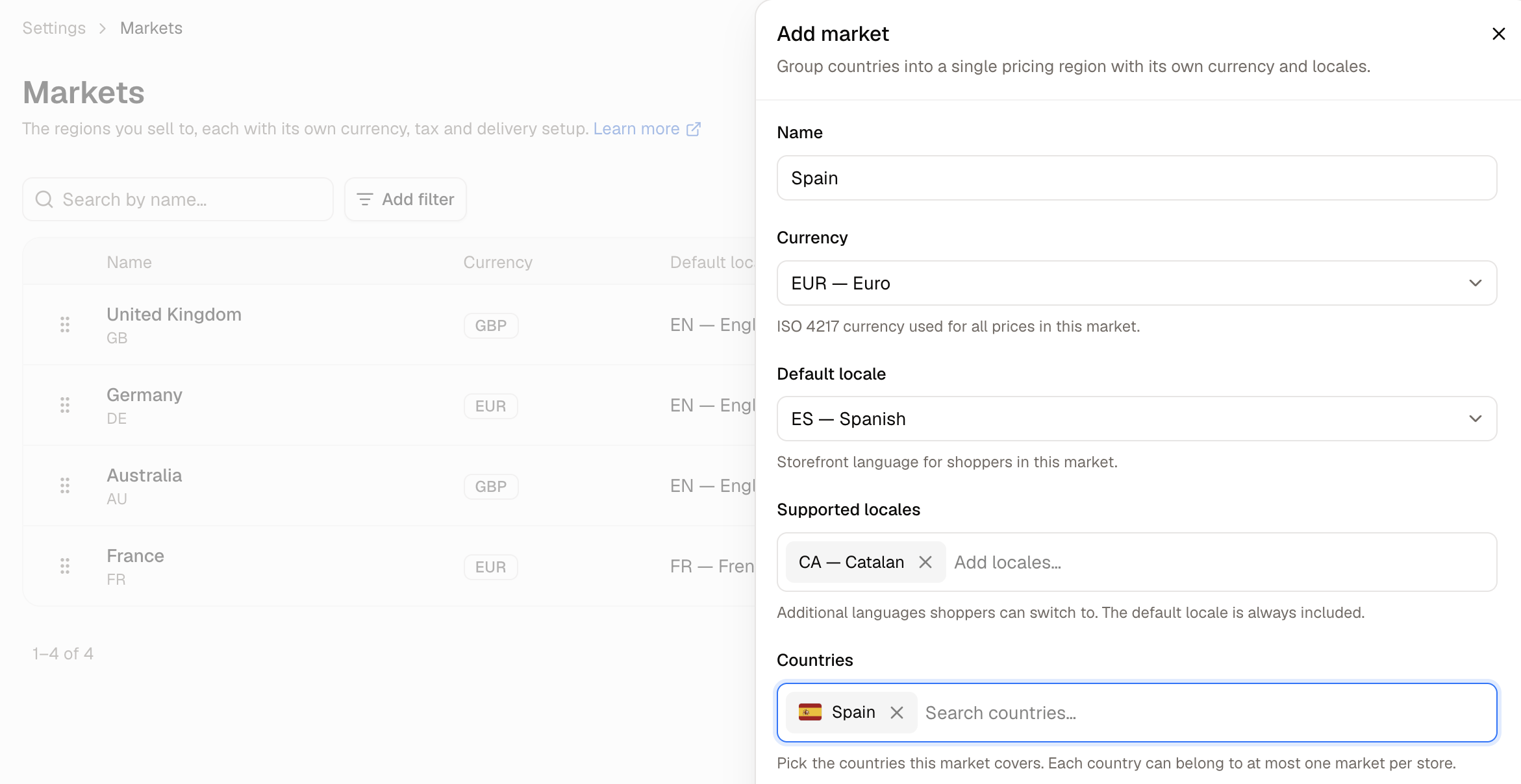 The Add market panel, with currency, locales and country coverage