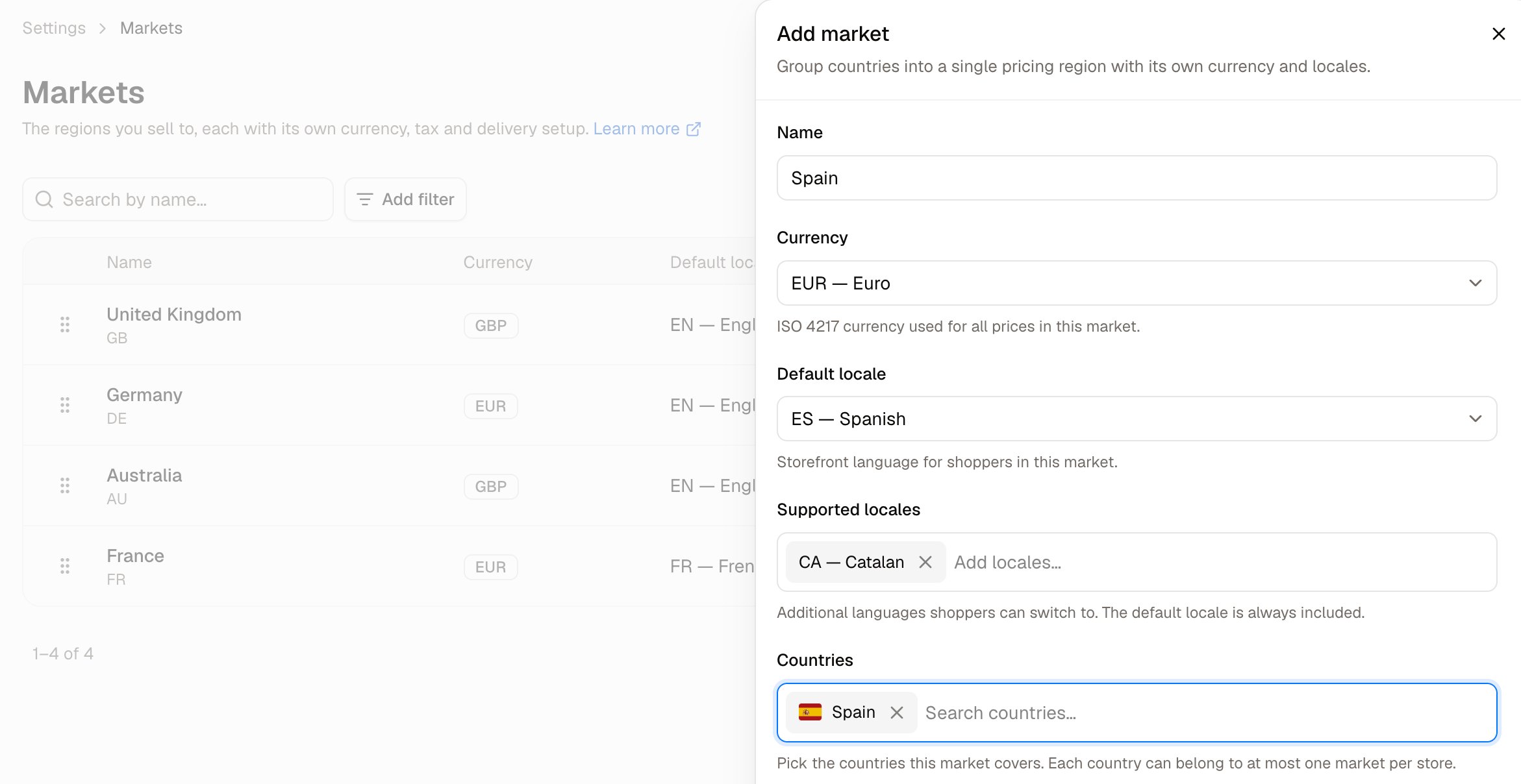 The Add market panel, with currency, locales and country coverage