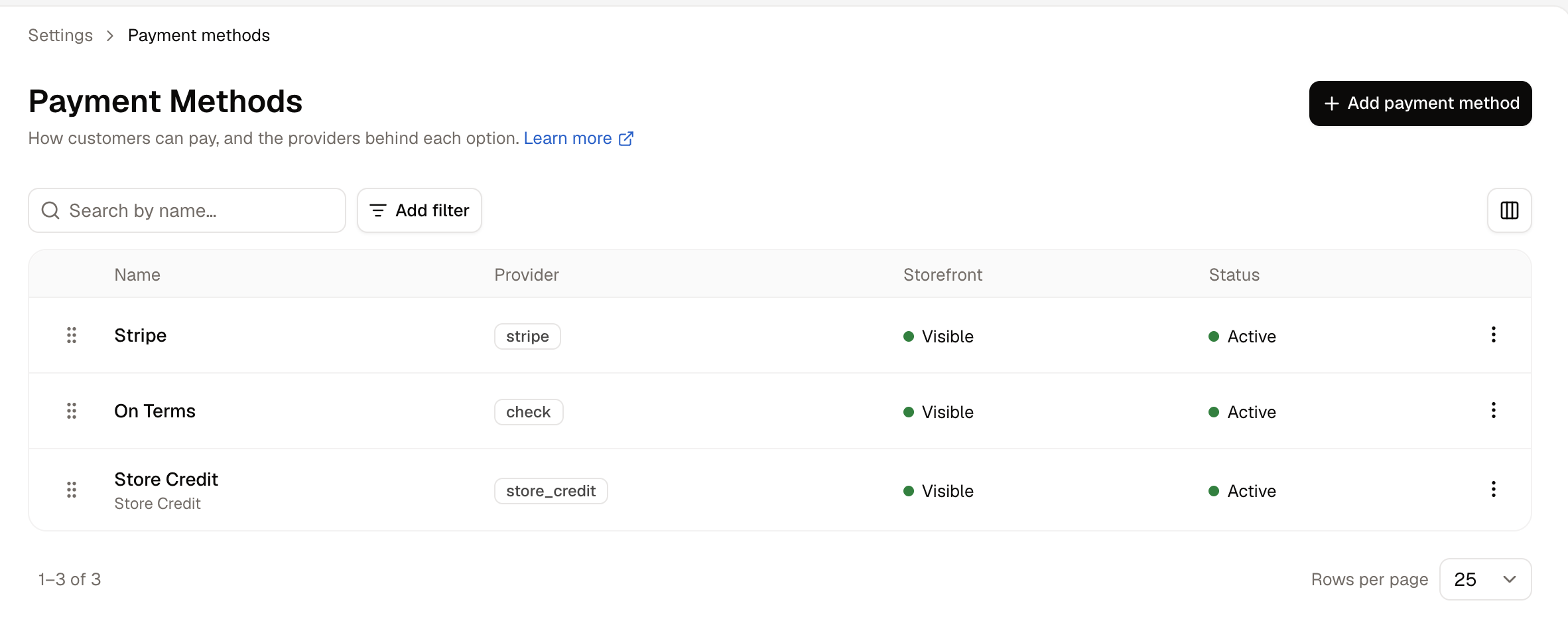 The Payment methods list, showing each method's provider, storefront visibility and status