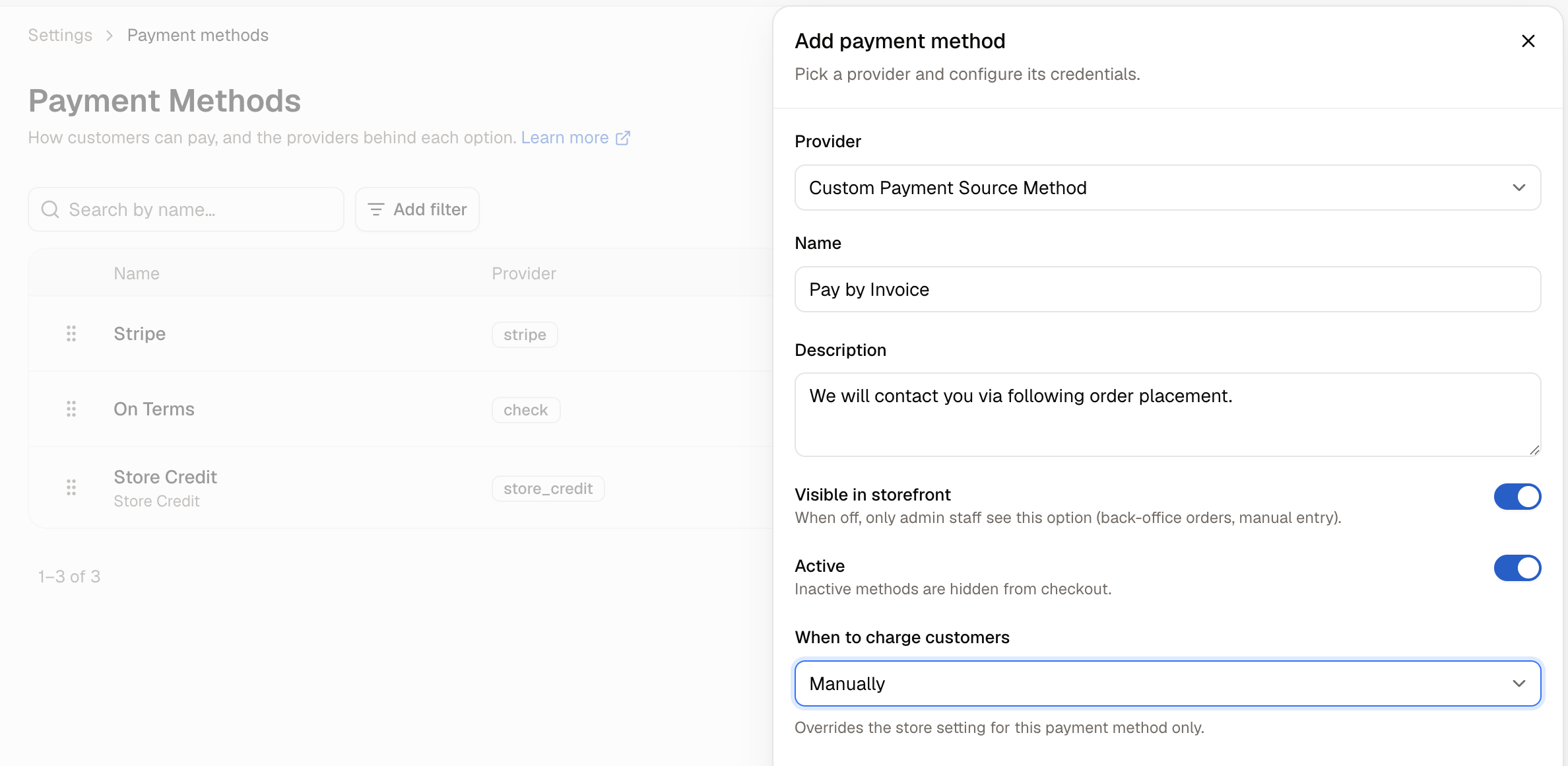 The Add payment method panel, with the provider dropdown and visibility settings