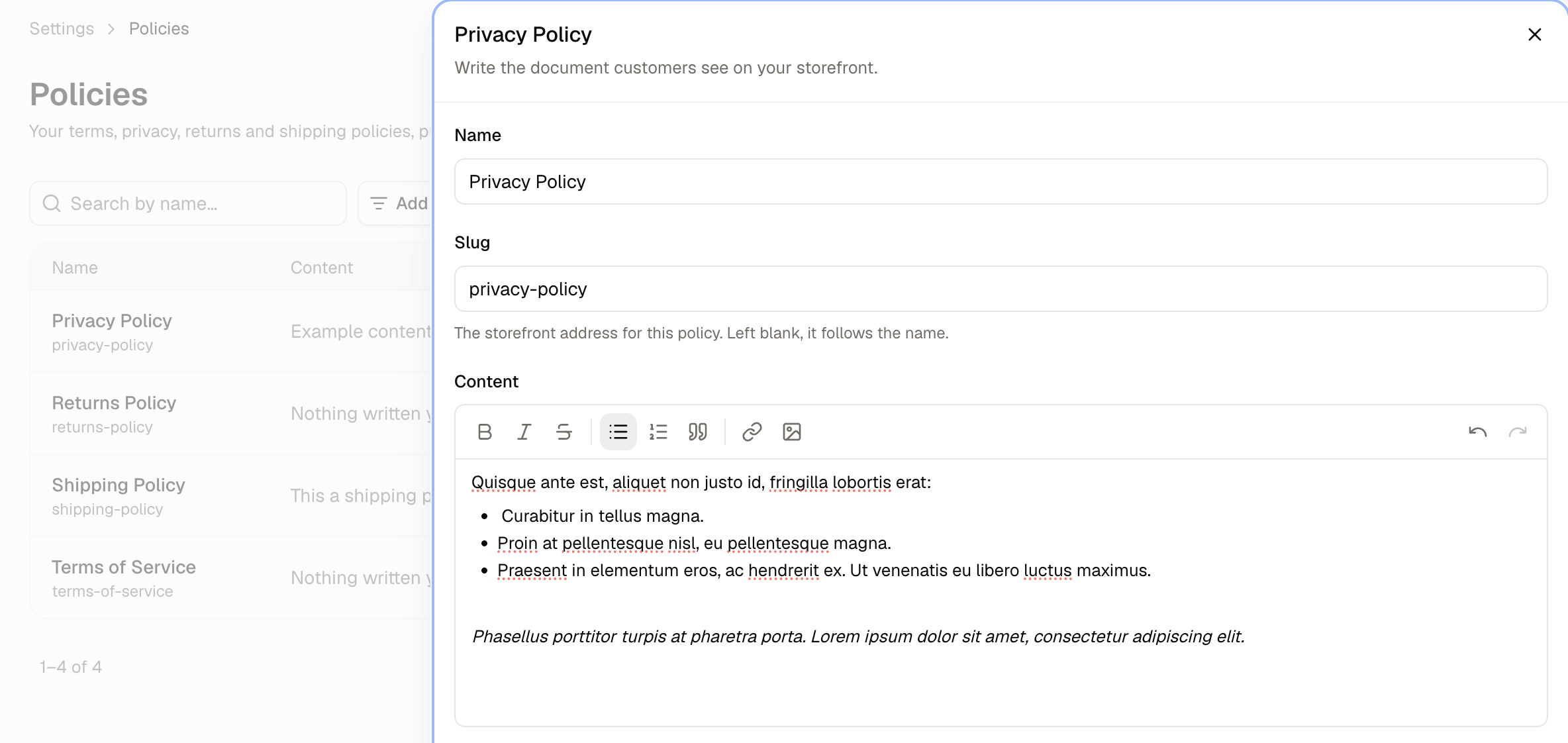 The policy editor, with the formatting toolbar and content area