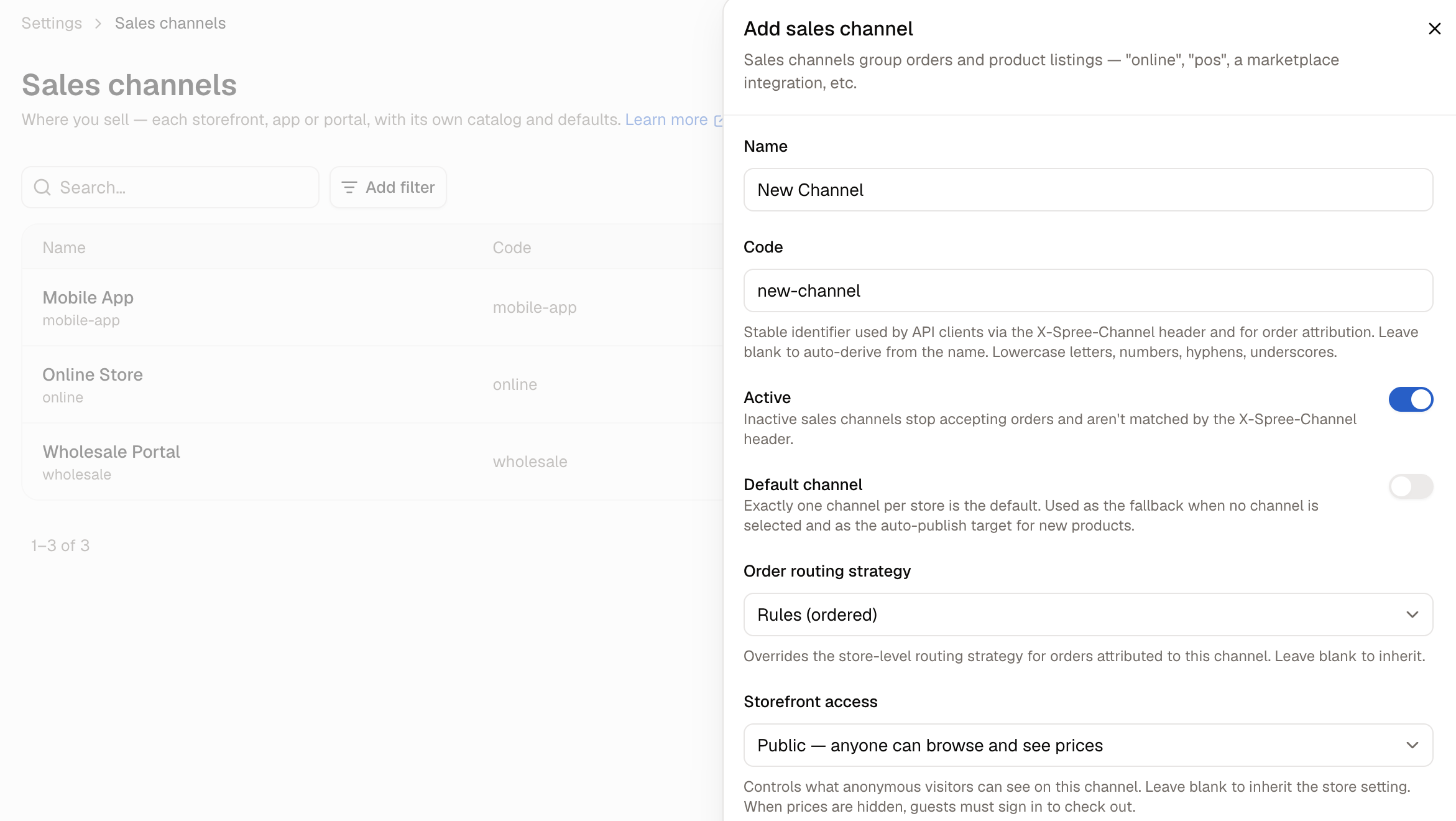 The sales channel creation form in Spree Commerce