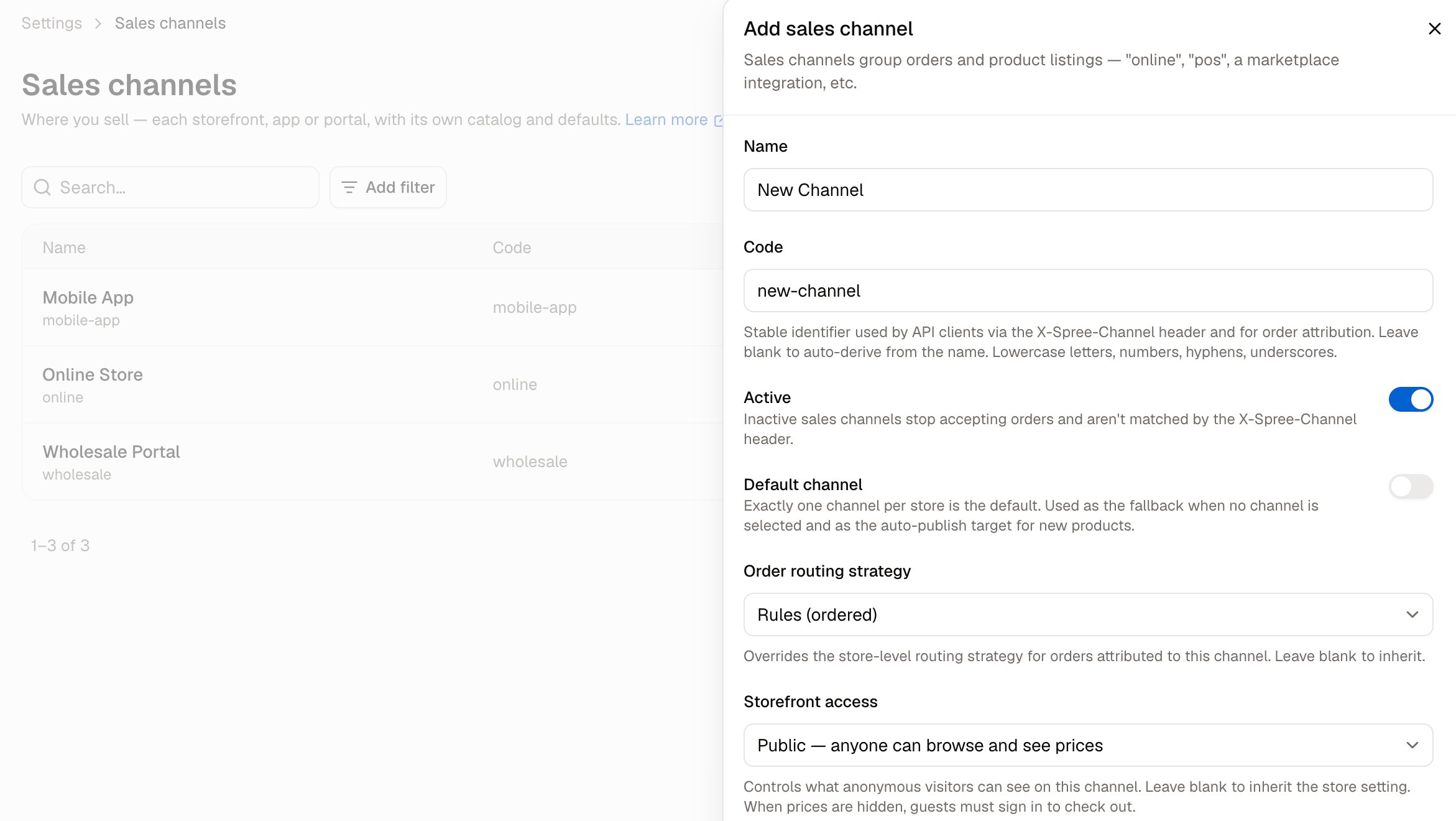 The sales channel creation form in Spree Commerce