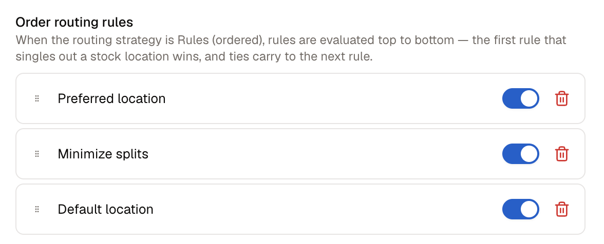 The Order routing rules list on an existing sales channel