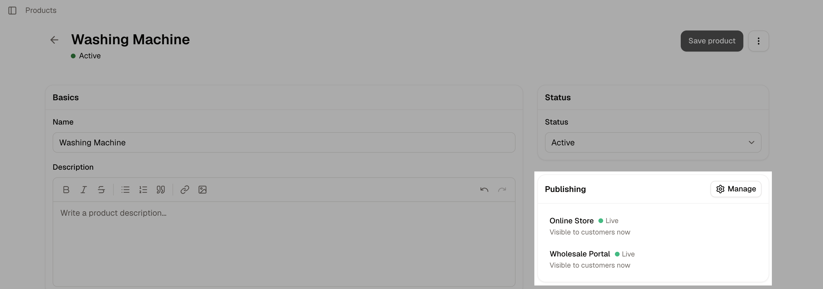 The Publishing card on the product editor showing assigned sales channels