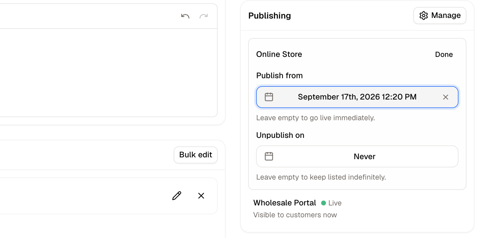 Editing scheduling settings for a product on a specific sales channel