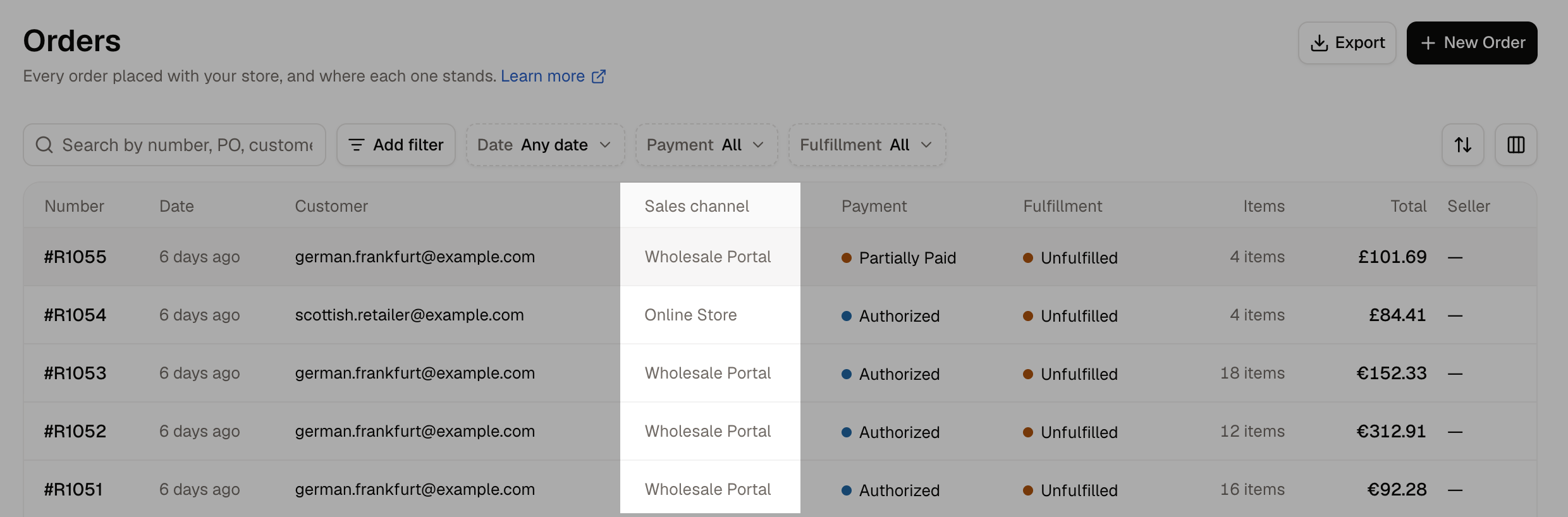 The Orders list in Spree Commerce showing the Channel column