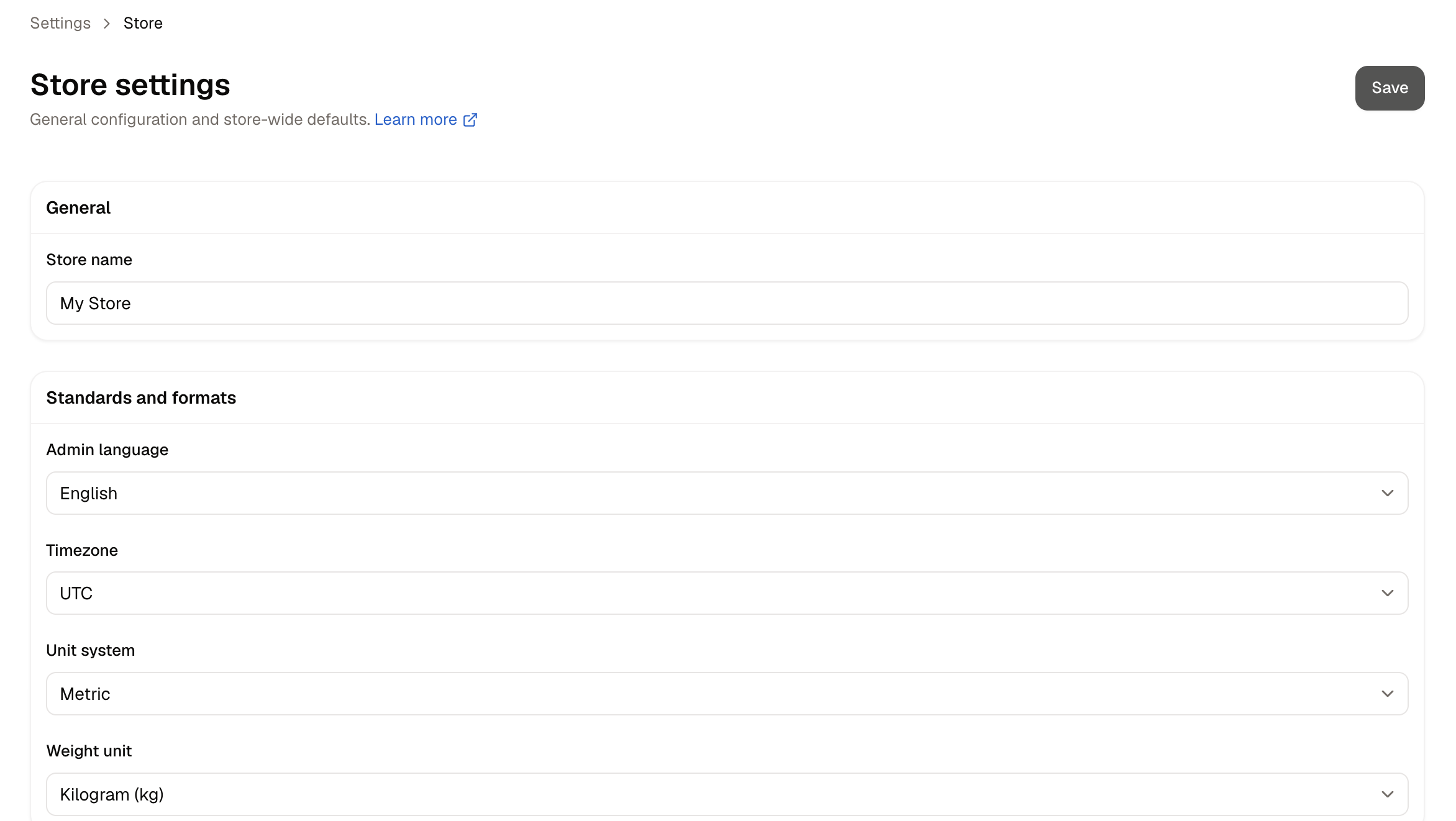 The Store settings page, showing the sections it is divided into