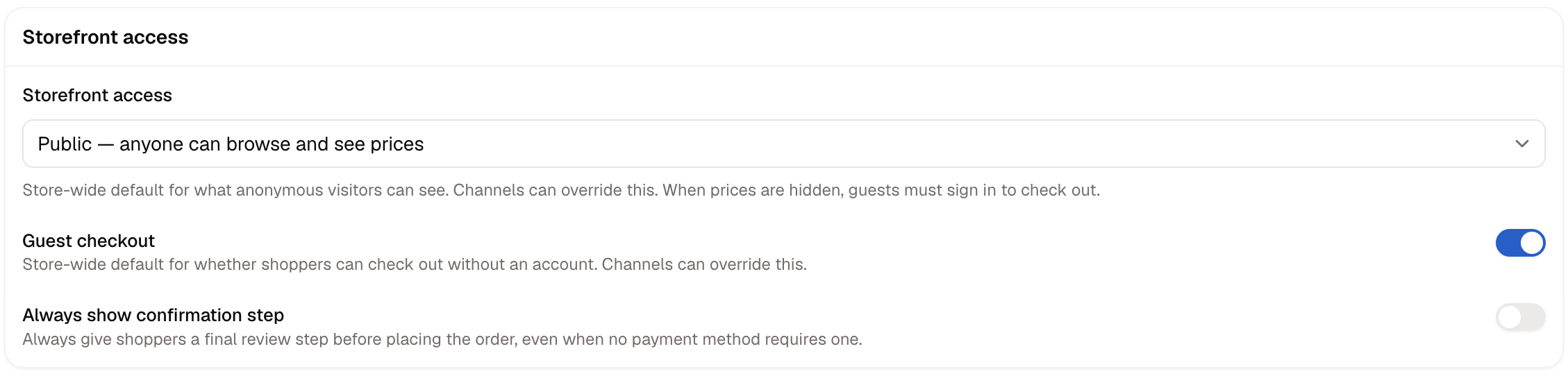 The Storefront access section, with the access level and guest checkout settings