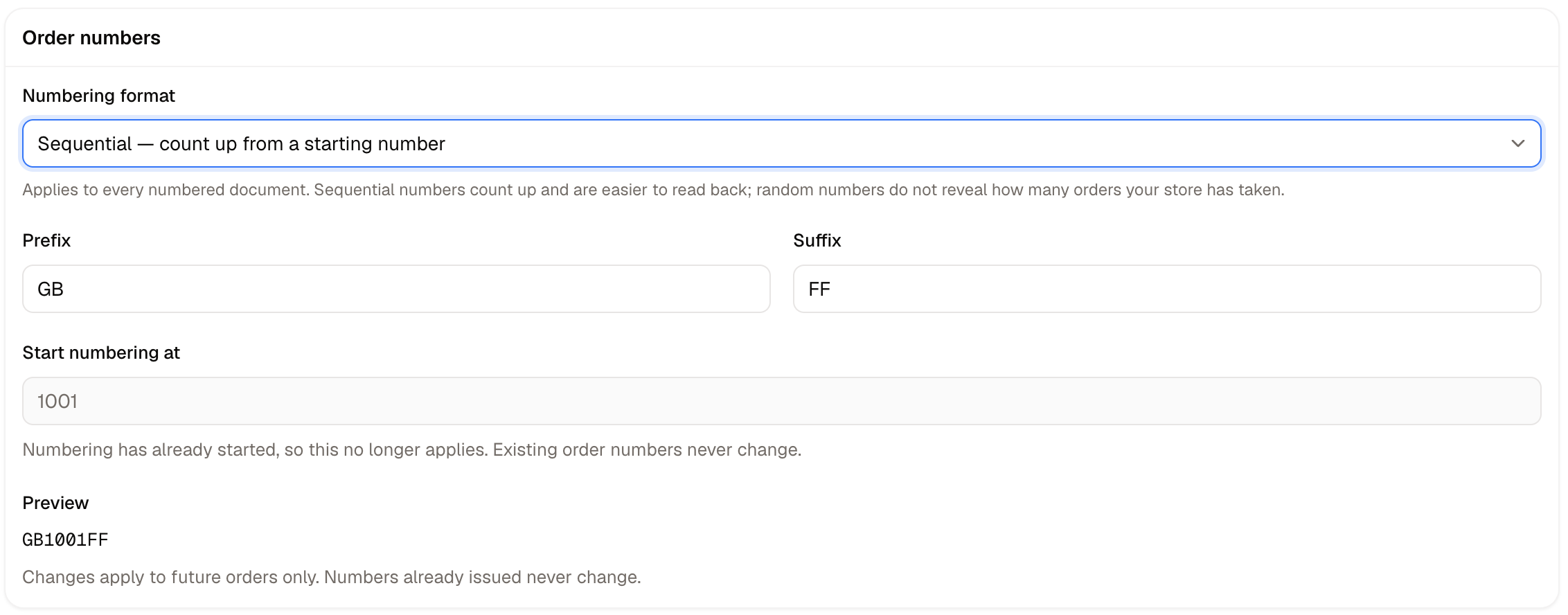 The Order numbers section, showing the format options and a live preview