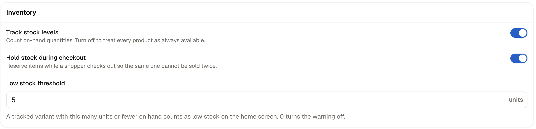 The Inventory section, with stock tracking and the low stock threshold