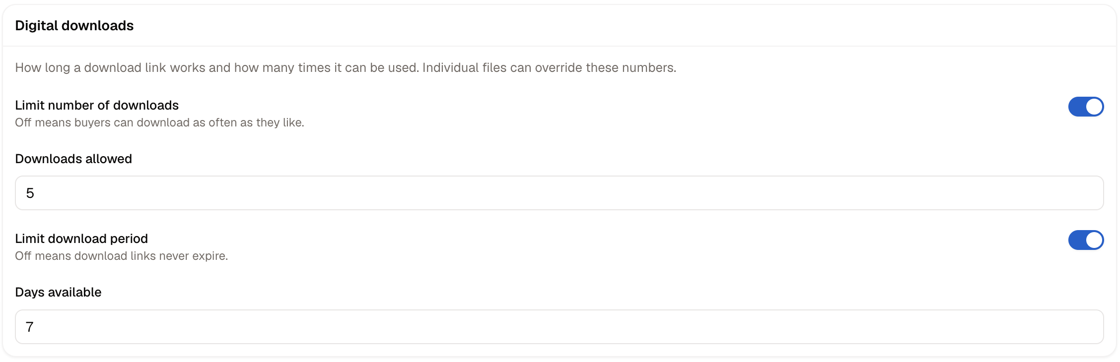The Digital downloads section, with the download and expiry limits