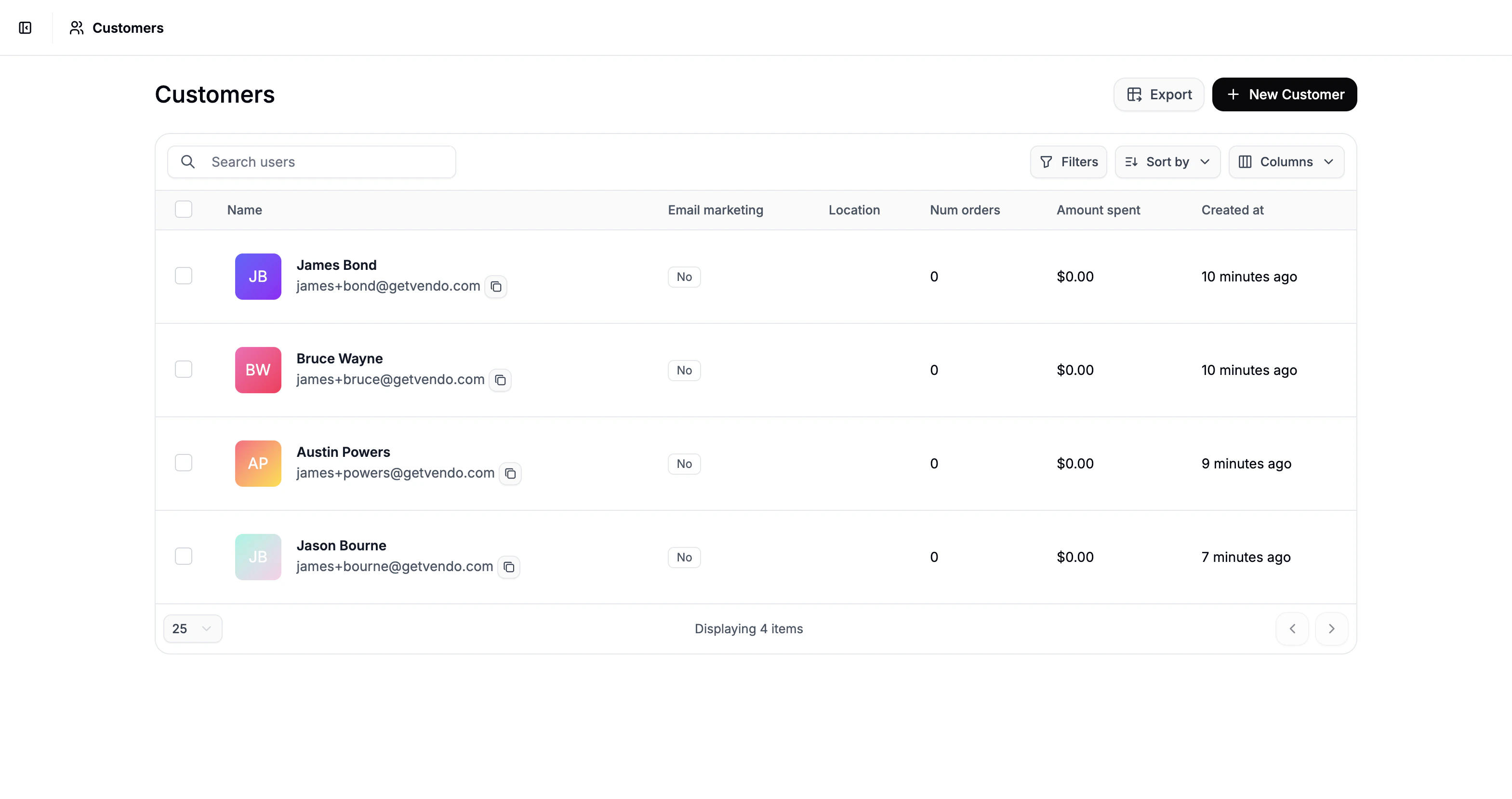 The Customers tab in the Spree Commerce dashboard
