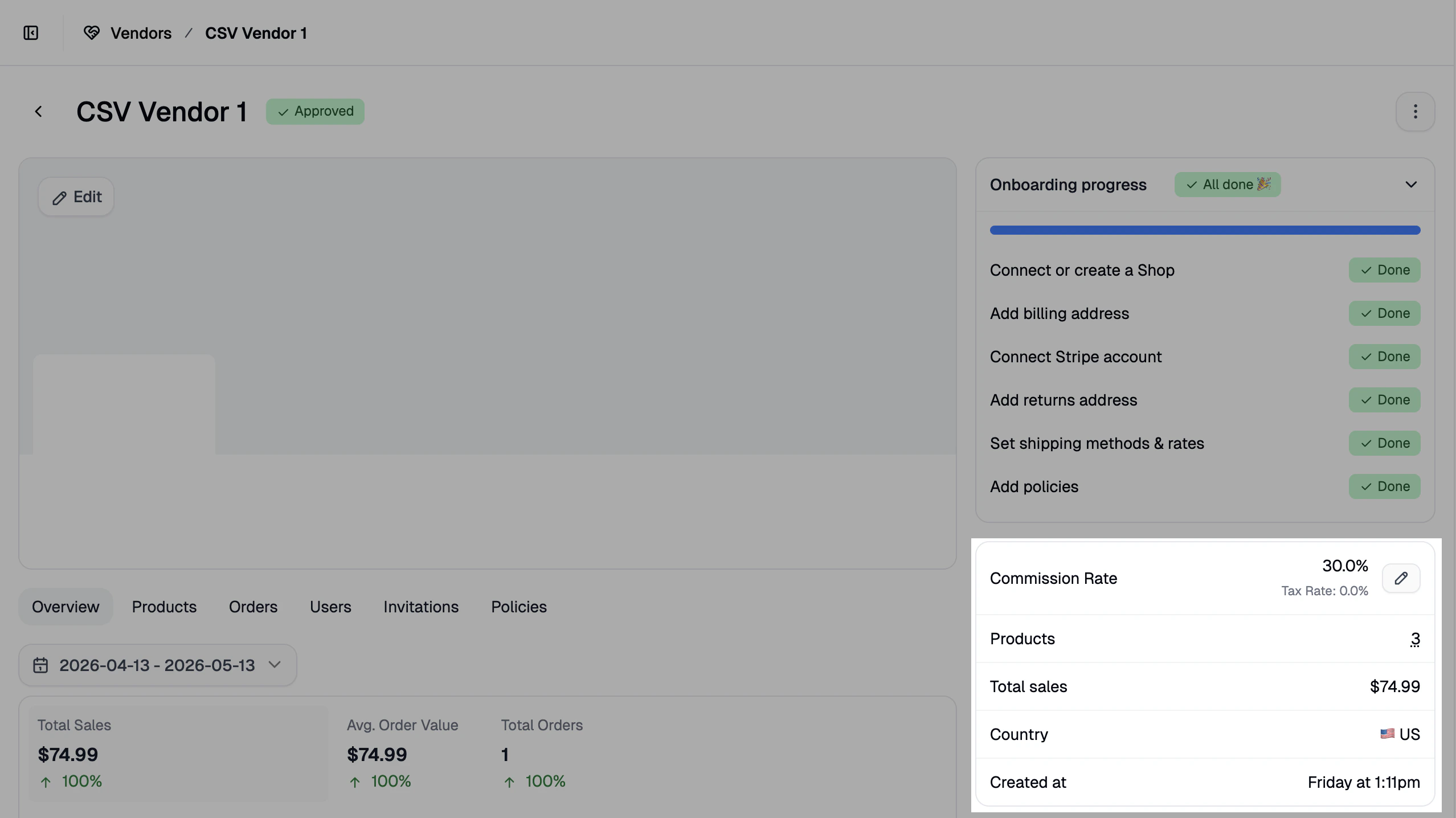 The vendor profile page with the Commission Rate field highlighted