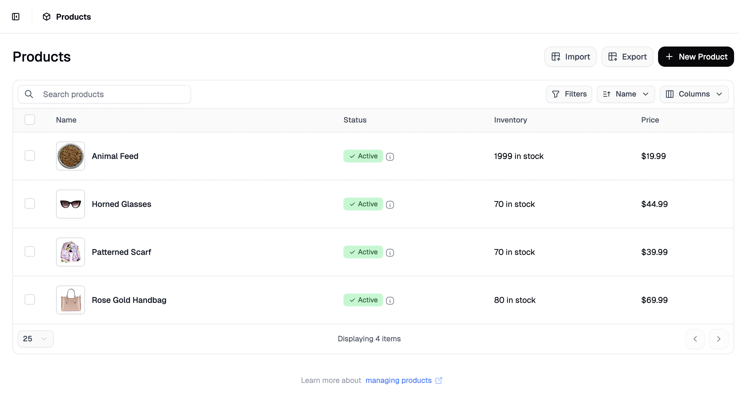 The Products tab showing the list of products