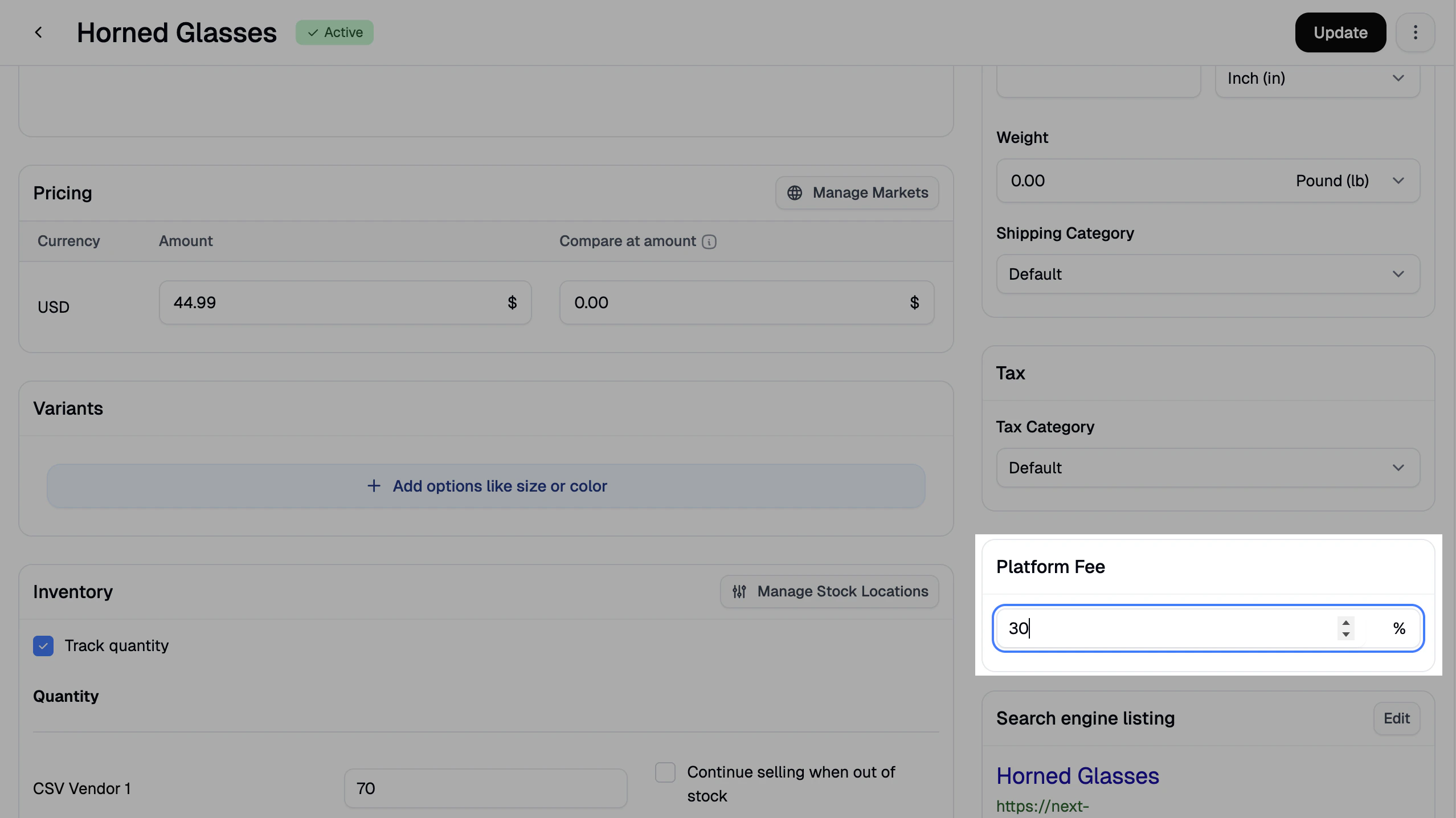 The Platform Fee section of the product editor with the commission rate field