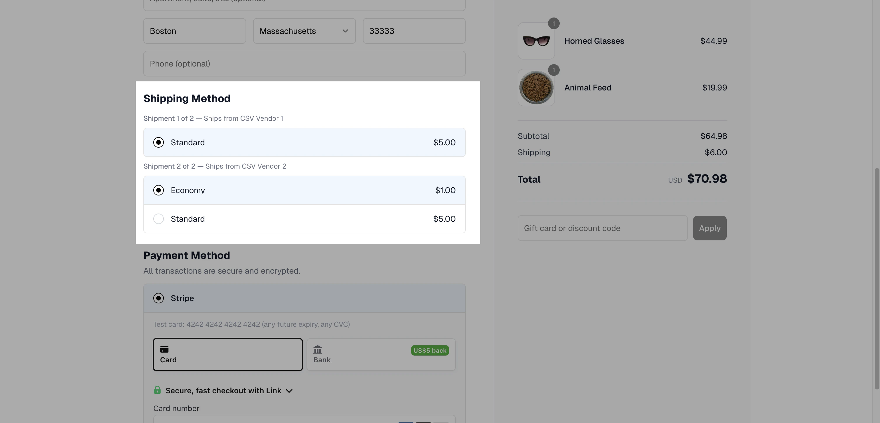 The checkout shipping step showing per-vendor shipping method selectors